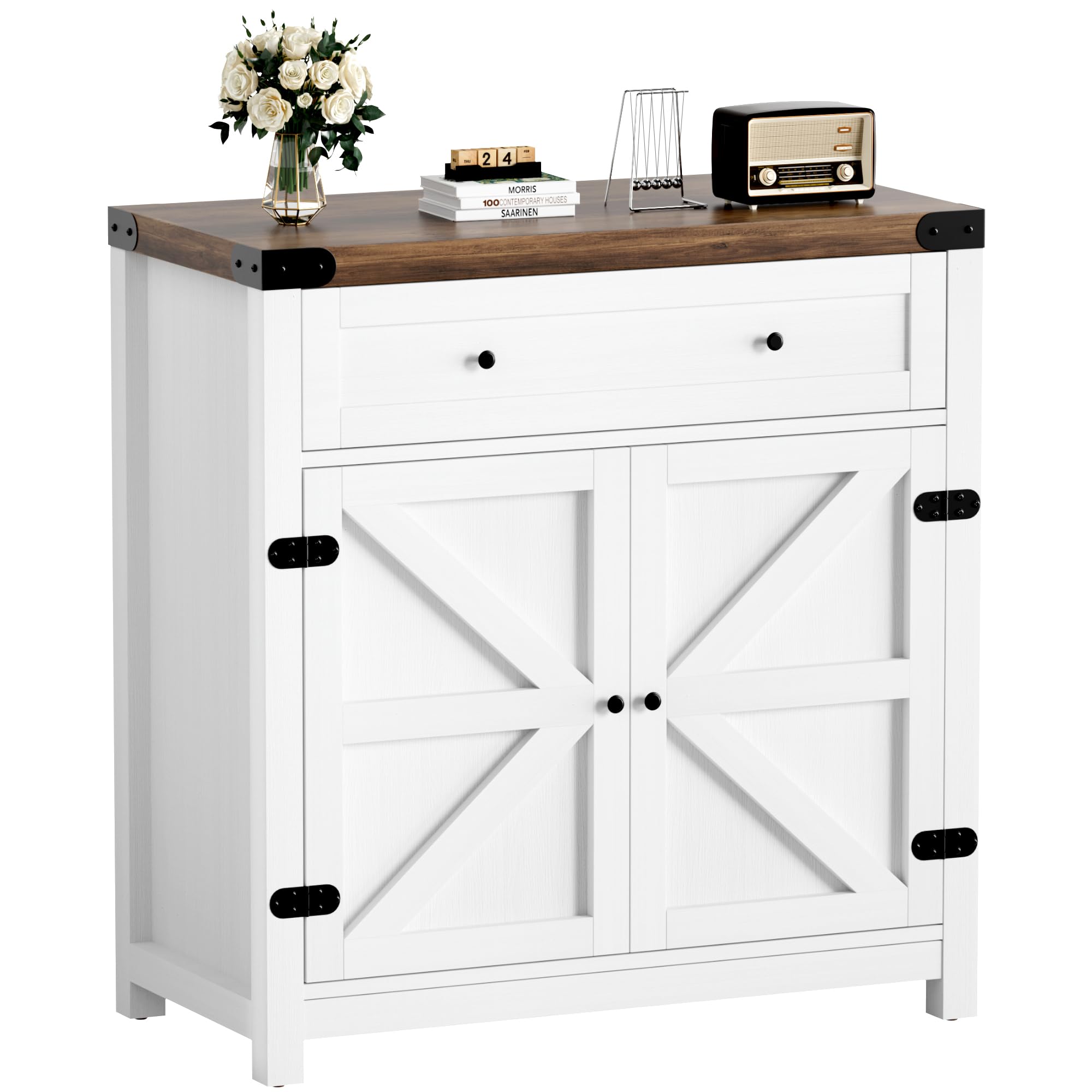 YESHOMY Farmhouse Coffee Bar Cabinet with Barn Door - Rustic White Buffet Sideboard with Drawer & Adjustable Shelf - Wide Desktop for Kitchen, Dining Room, Bathroom, Entryway - Perfect for Coffee Station, Storage & Home Decor