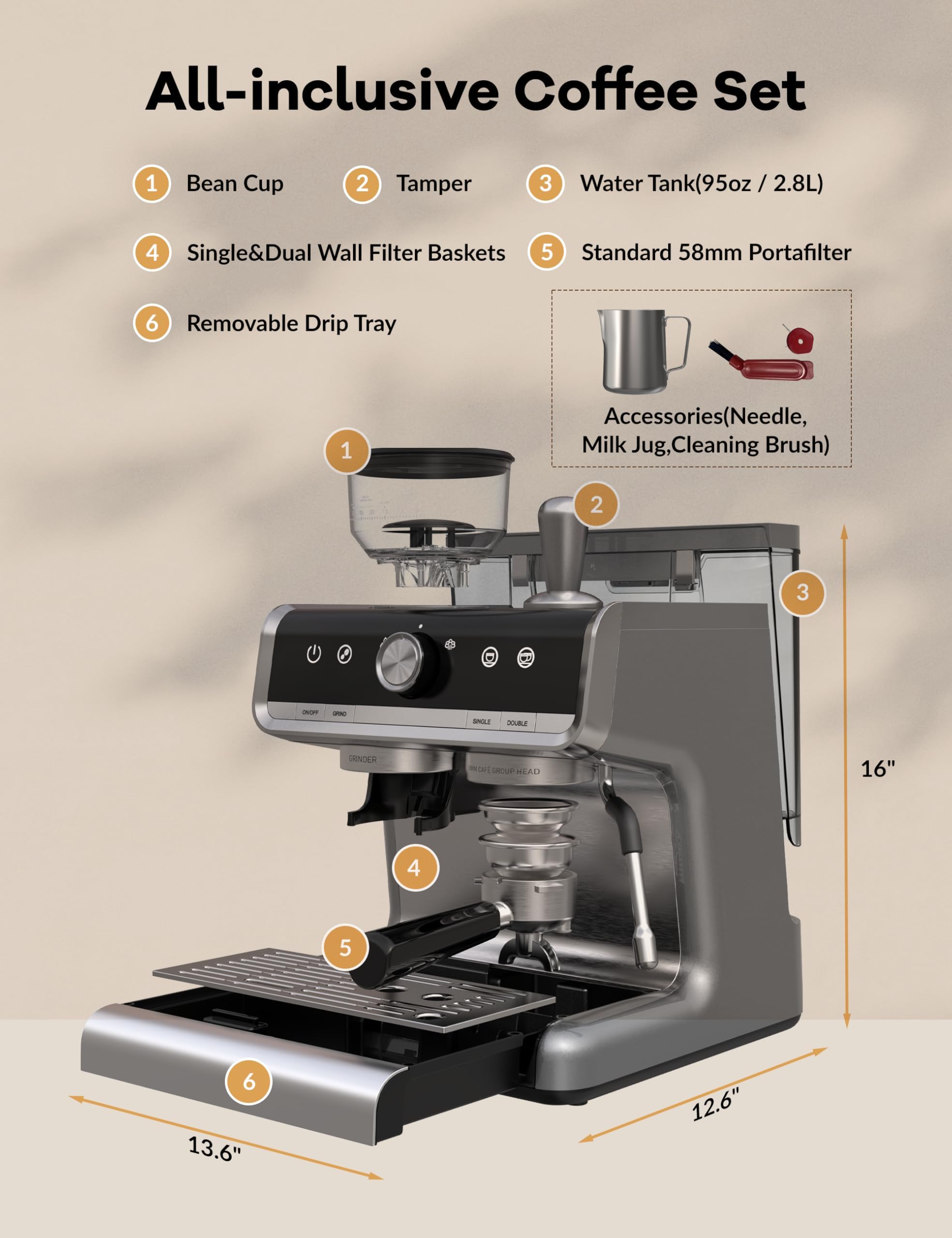 Premium Espresso Machine with Built-in Grinder & Steam Wand - 2.8L Water Tank for Cappuccino, Latte, Macchiato - Silver | Perfect for Home Baristas & Coffee Shops