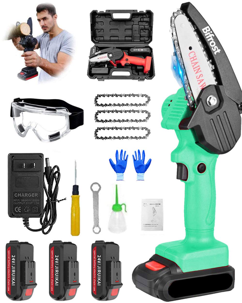 4-Inch Mini Chainsaw Cordless Electric - Lightweight 0.7kg Handheld Chainsaw with Anti-Splash Guard & 3 Chains - Perfect for Tree Branch Cutting, Wood Pruning, Yard Maintenance and DIY Projects (Green)