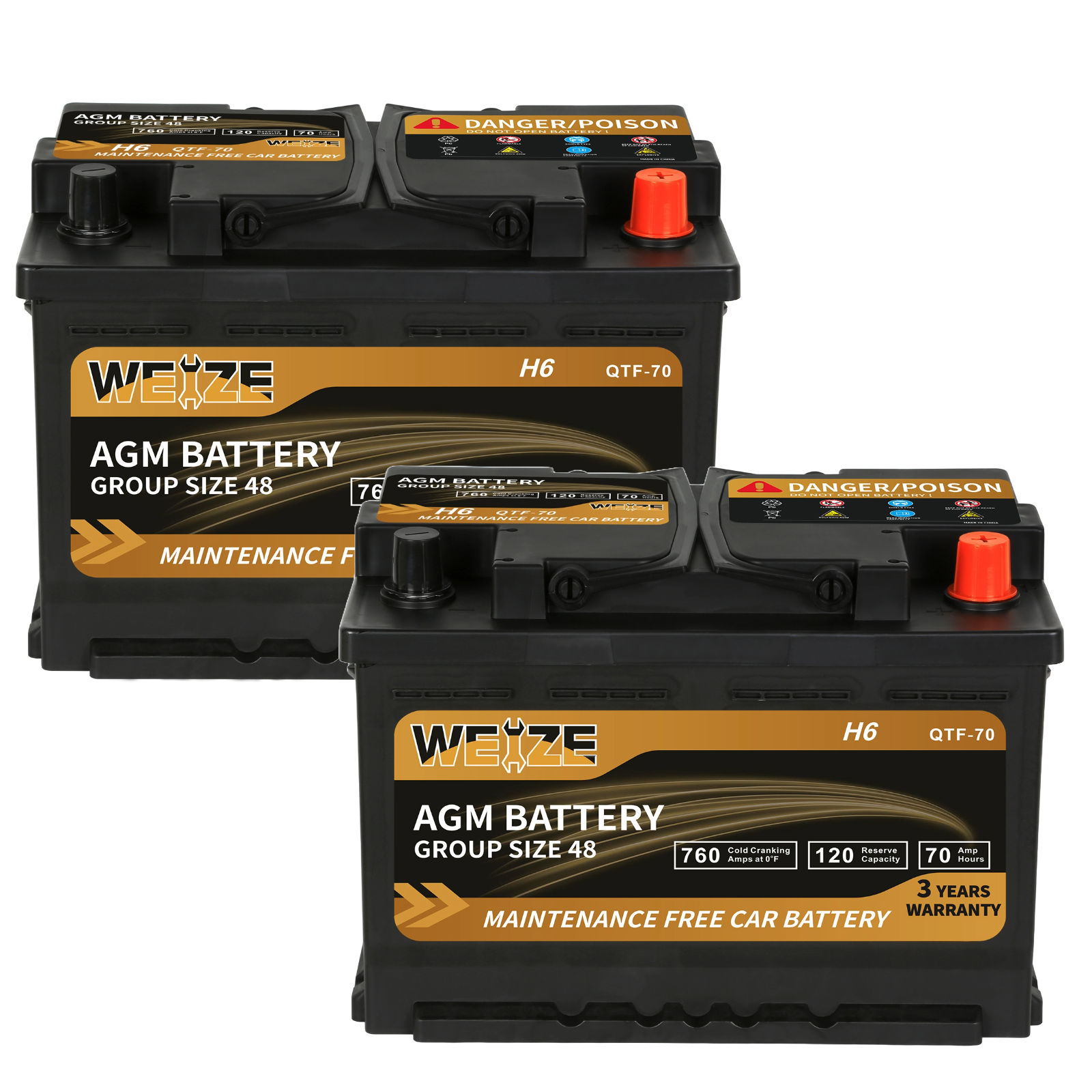 WEIZE Wise Series Group 48 AGM Car Battery 12V 70Ah H6 - High Performance Automotive Replacement Battery for Cars, SUVs & Trucks - Ideal for Cold Weather & Long-Lasting Power