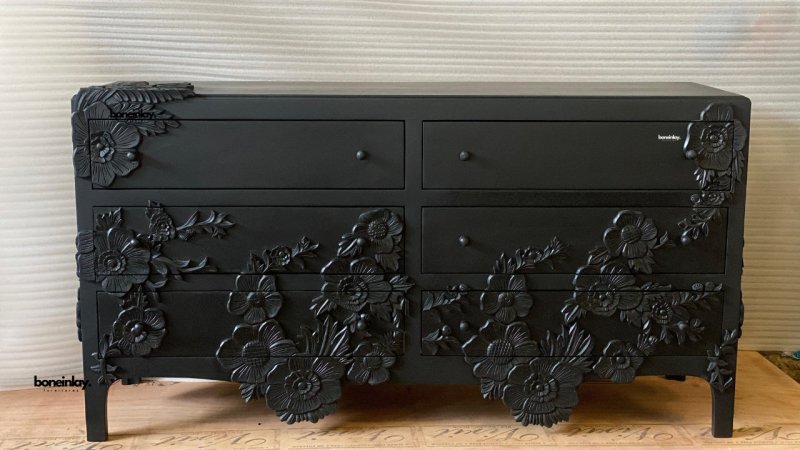 Hand Carved Black Enchantment Six Drawer Dresser - Vintage Wooden Bedroom Furniture for Master Bedroom & Guest Room Organization