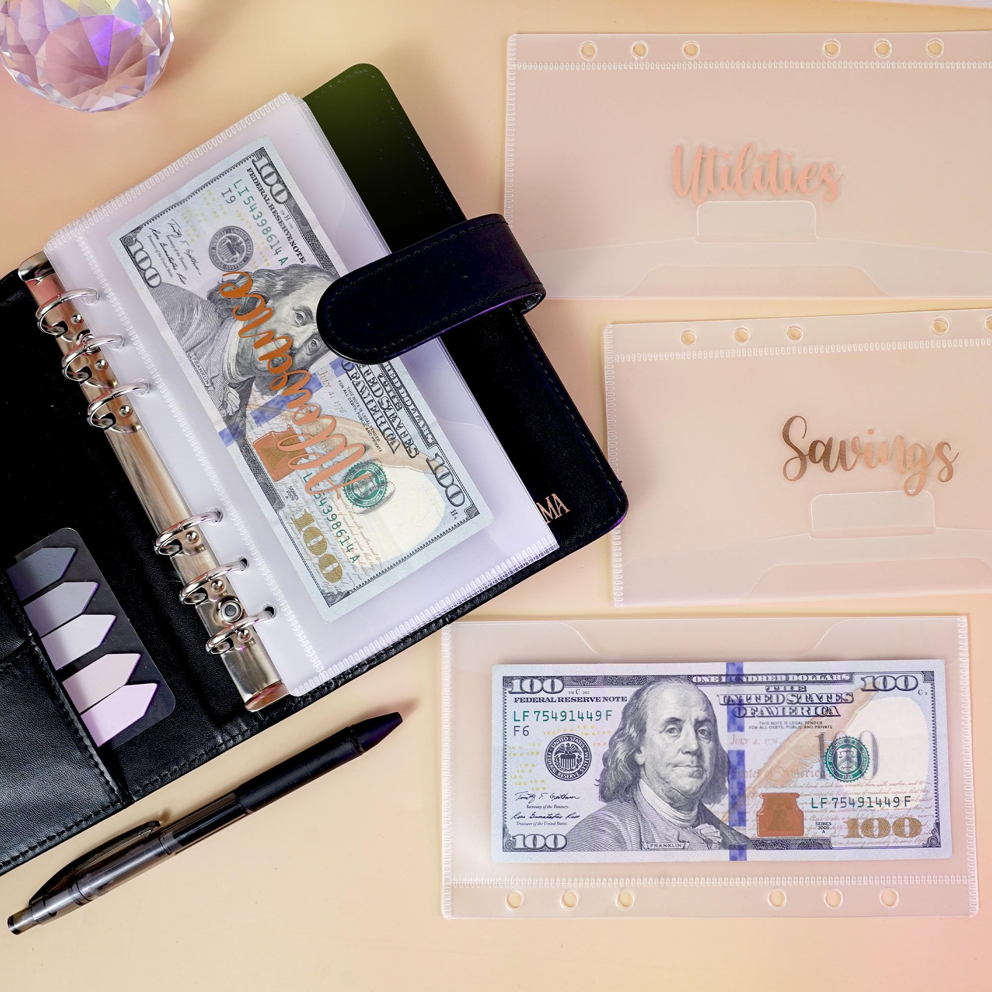 SOUL MAMA A6 Budget Binder - 12 Pcs Flapper Envelopes, Clear Binder Pockets with Stickers, 6 Holes Cash Stuffing Waterproof Envelopes for Money Saving, Cash Envelope System, Budget Planning & Organizing Finances at Home or Office