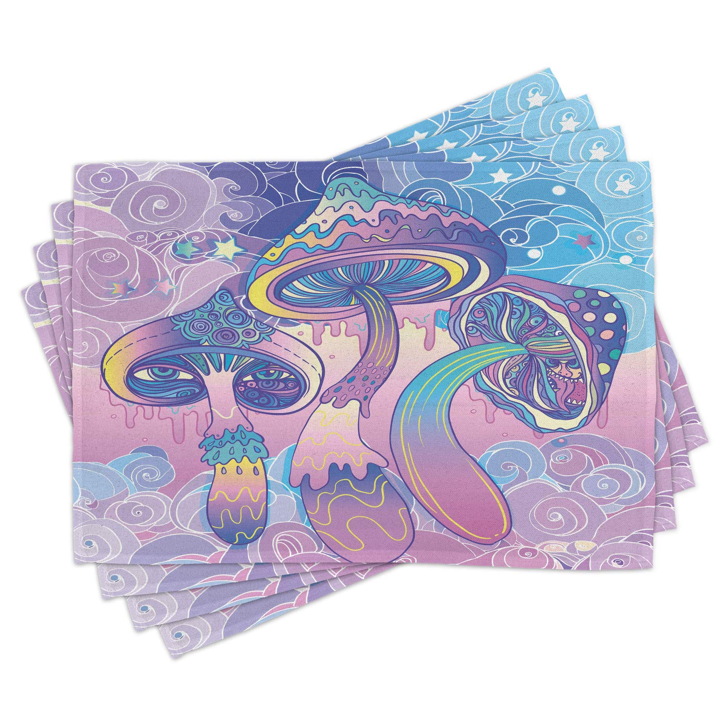 Lunarable Mushroom Place Mats Set of 4 - Psychedelic Hippie Design with Trippy 60s Shamanic Patterns, Washable Fabric Table Mats for Dining Room & Kitchen Decor in Aqua, Pale Pink & Purple | Perfect for Boho Home Decor, Hippie Themed Parties & Retro Kitchen Accessories