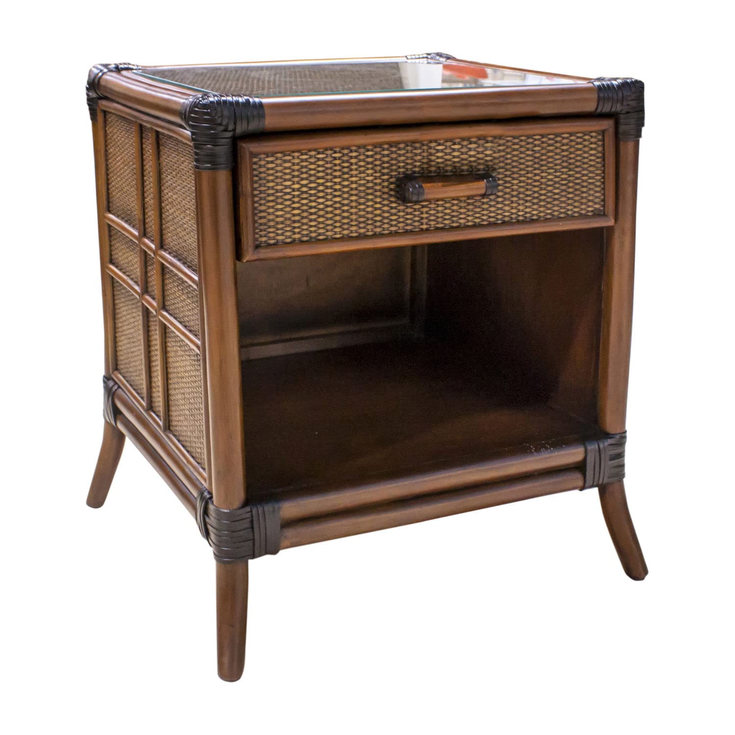 Antique Rattan Nightstand with Glass Top and One Drawer - Vintage Bedside Table for Bedroom, Living Room, or Hotel Hospitality Decor