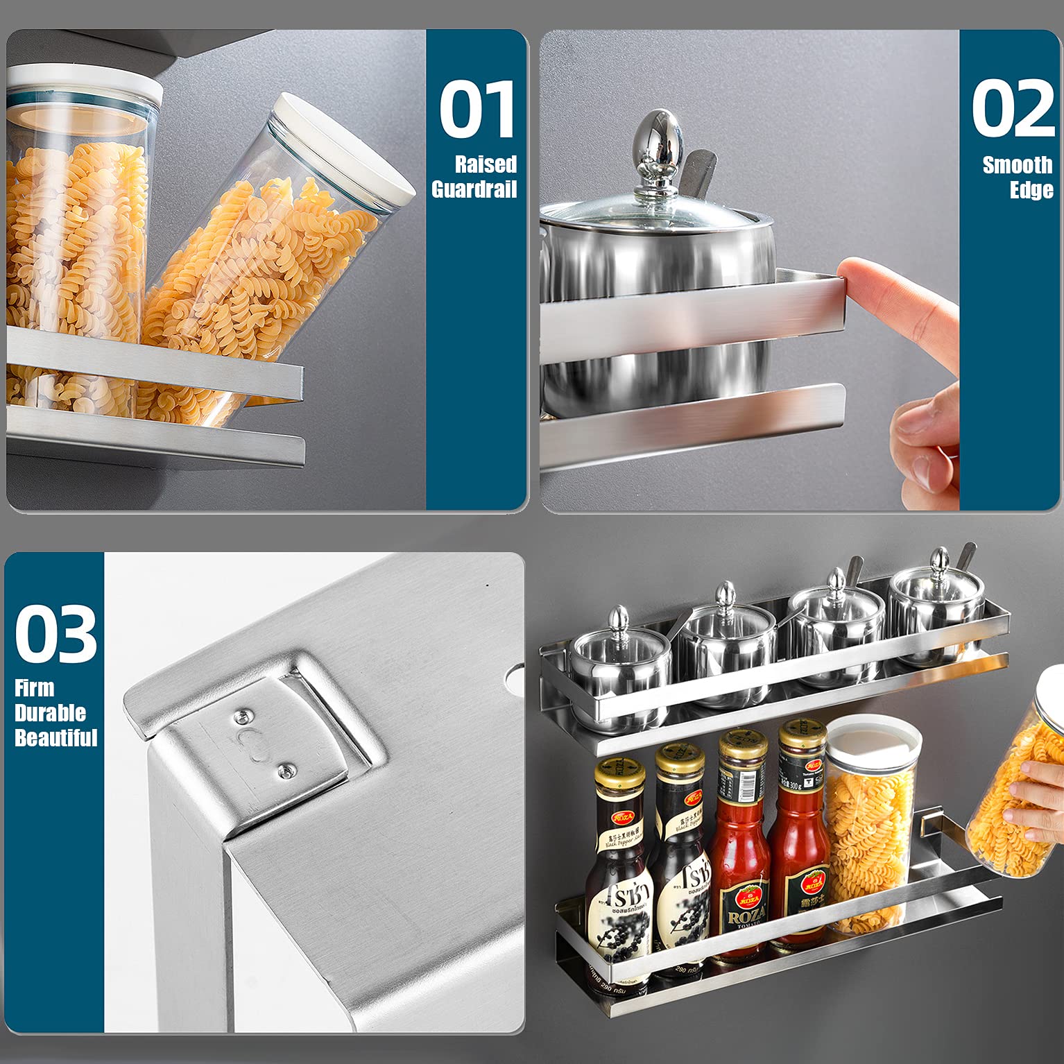 Stainless Steel Wall Mounted Spice Rack - 50CM Kitchen Organizer Shelf with Brushed Finish for Hanging Spice Storage | Perfect for Small Kitchens, Pantry Organization & Seasoning Display