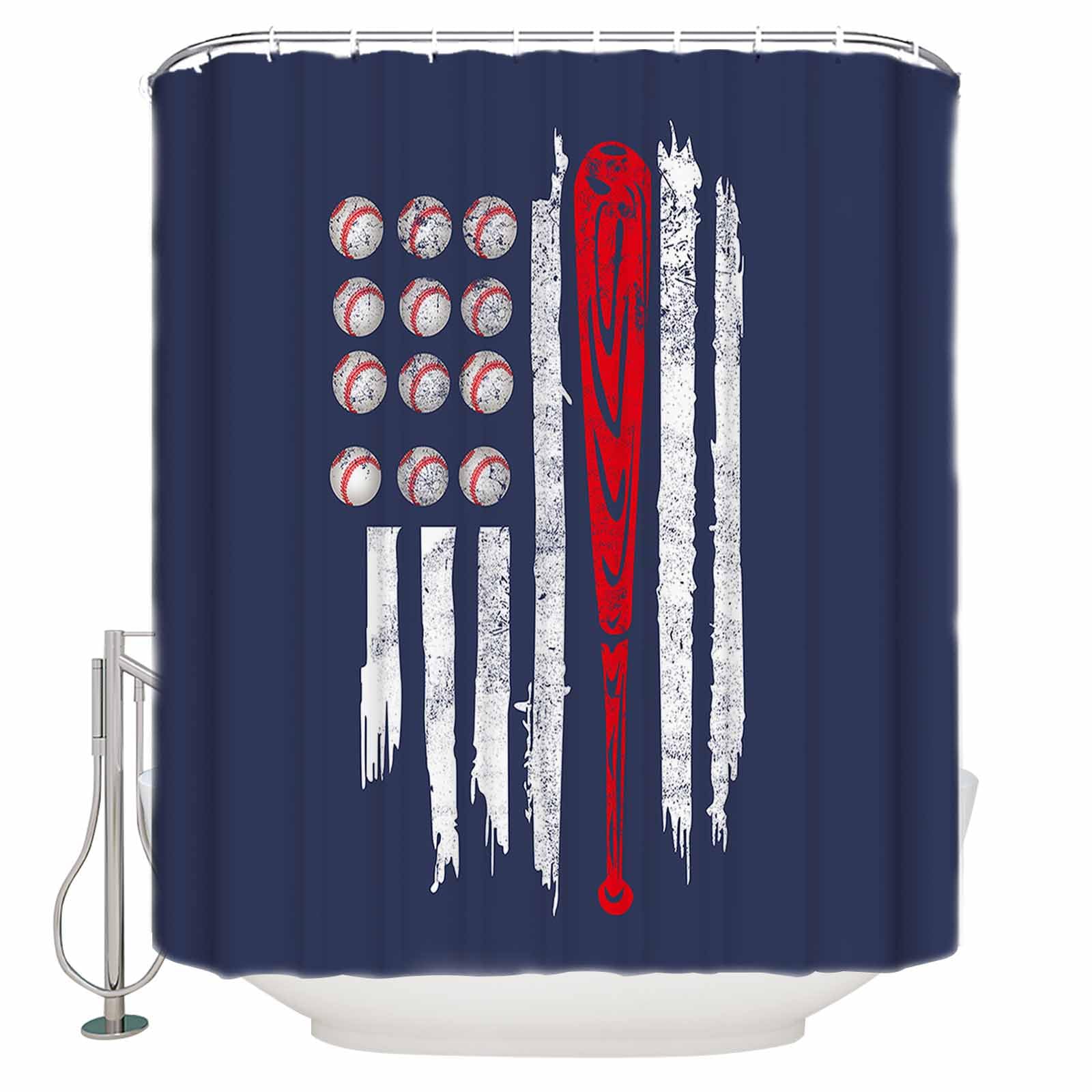 American Flag Baseball Design Bathroom Shower Curtain - Durable Waterproof Polyester Fabric with Plastic Hooks (54x78 inches) for Sports-Themed Home Decor | Perfect for Baseball Fans' Bathrooms, Game Day Parties & Patriotic Bedroom Themes