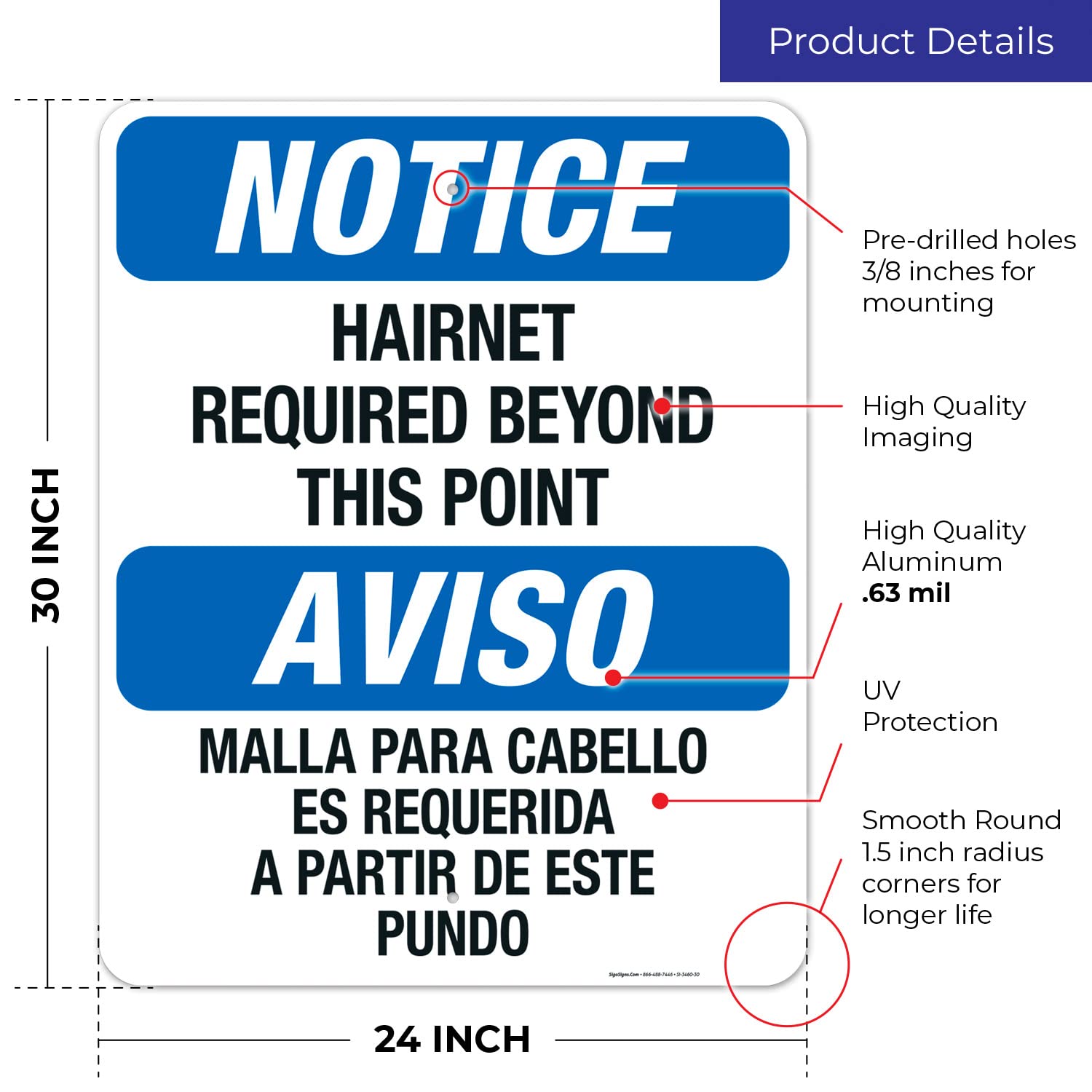 Bilingual Hairnet Required Beyond This Point OSHA Sign - 24x30 Inches Rust-Free .063 Aluminum - Fade Resistant for Indoor/Outdoor Use - Made in USA - Perfect for Food Processing Plants, Restaurants & Industrial Facilities