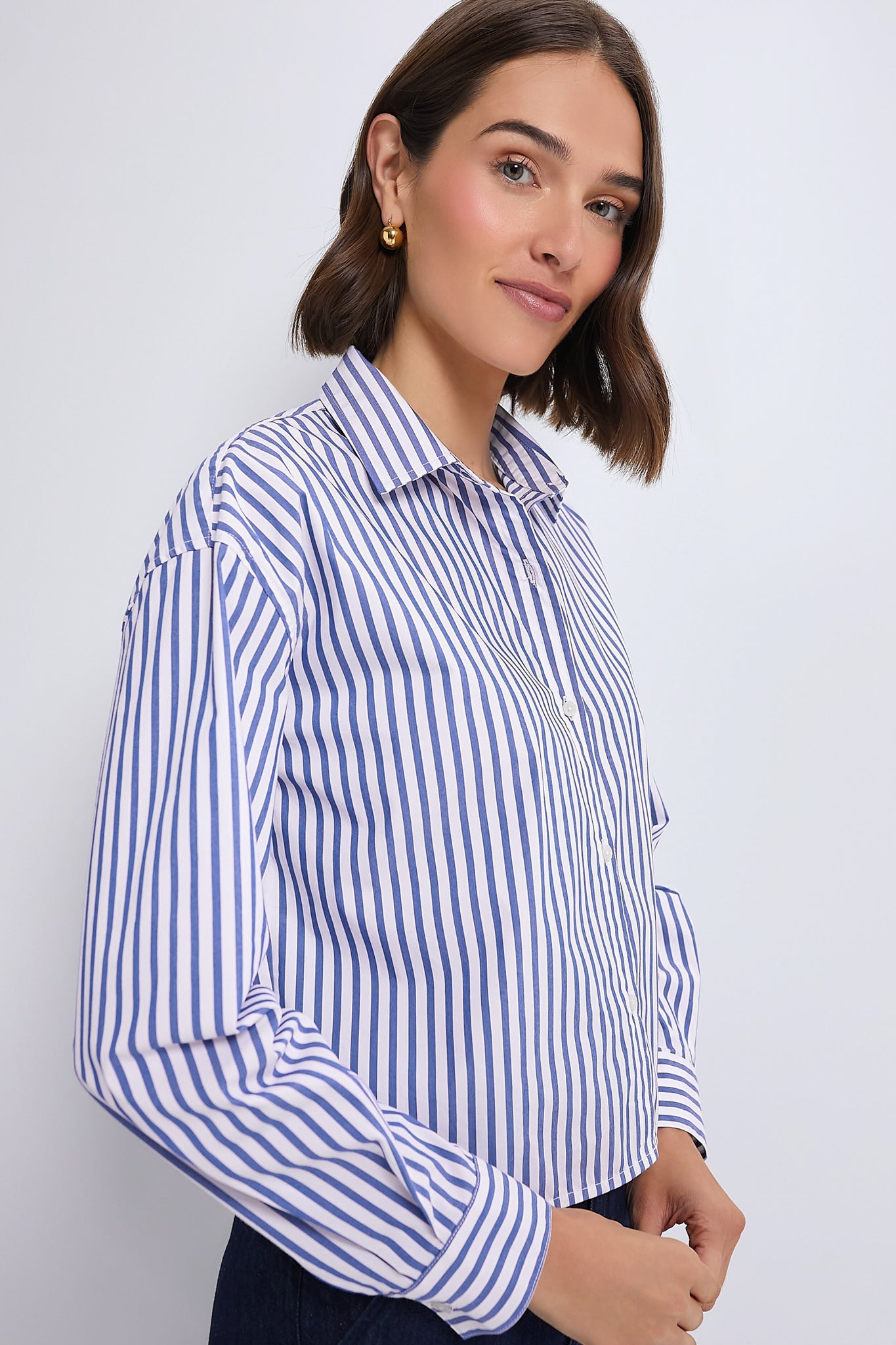 Blue Stripe Cropped Jasper Button Down Shirt for Women | Casual Office Wear & Summer Outfits | Lightweight Cotton Blouse with Short Sleeves