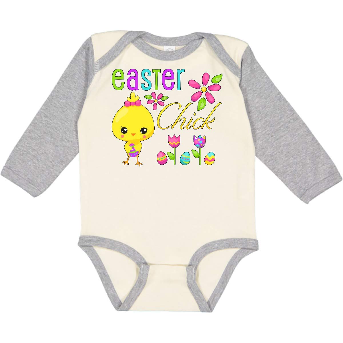 Inktastic Easter Chick with Eggs and Flowers Long Sleeve Baby Bodysuit - Cute Spring Outfit for Easter Photos, Family Gatherings & Holiday Celebrations