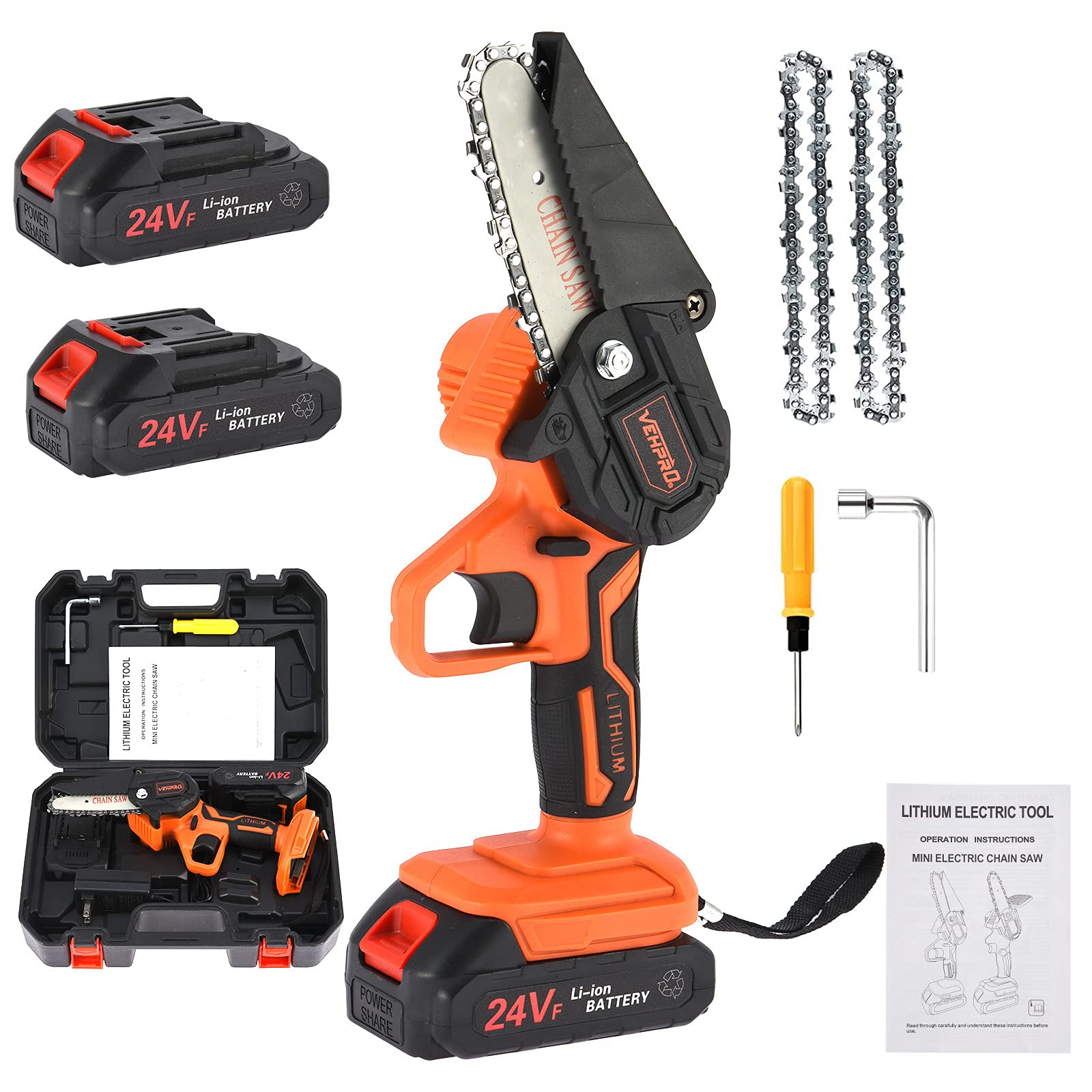 24V Cordless Electric Chainsaw - Battery Powered Mini Chainsaw for Tree Cutting, Woodworking & DIY Projects | Portable & Lightweight for Outdoor Use (Orange, 321)