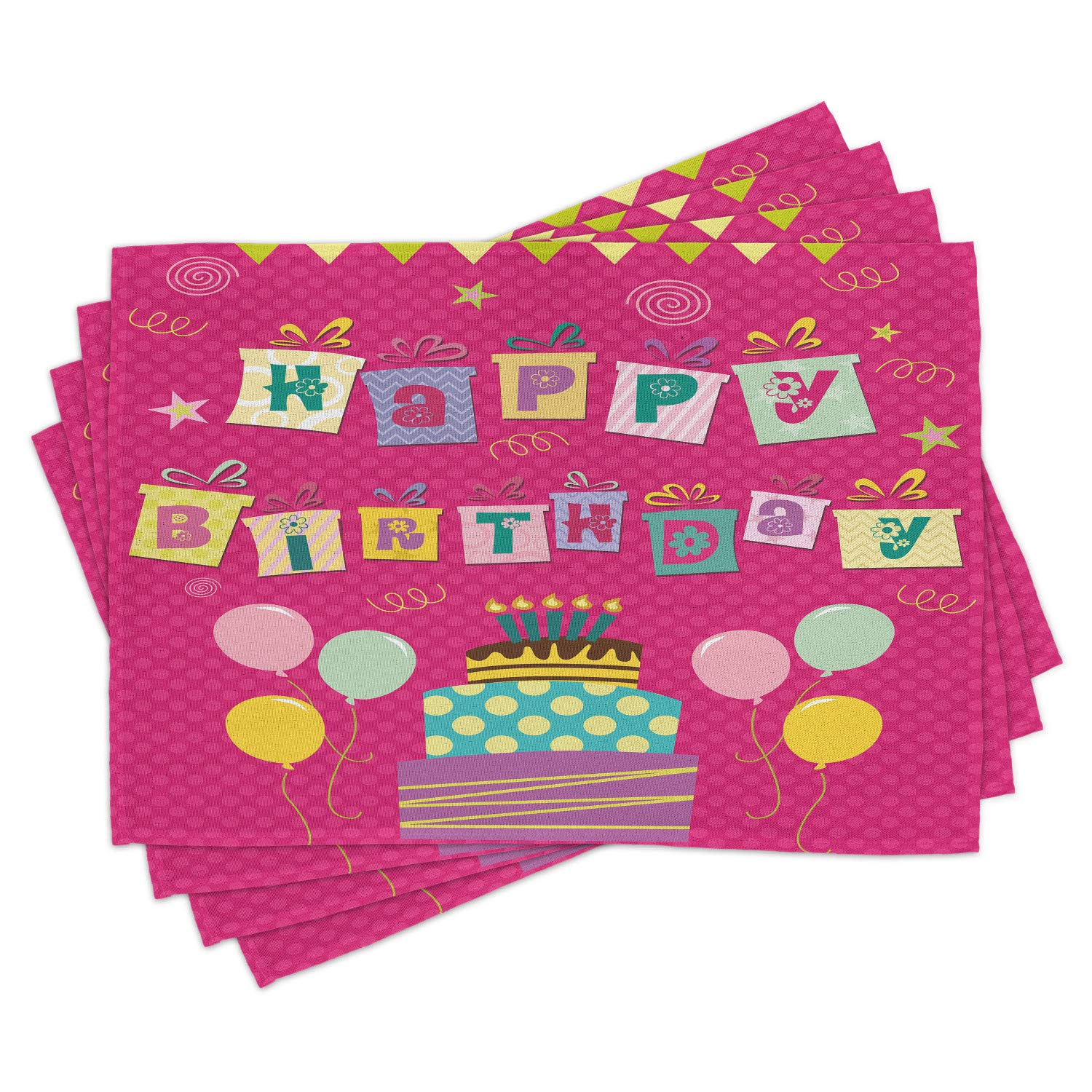 Ambesonne 4-Pack Birthday Party Placemats - Colorful Present Box, Balloon & Cake Design Washable Fabric Table Mats for Dining Room & Kitchen Decor (Dark Coral Multicolor) - Perfect for Birthday Celebrations, Holiday Gatherings & Home Decor