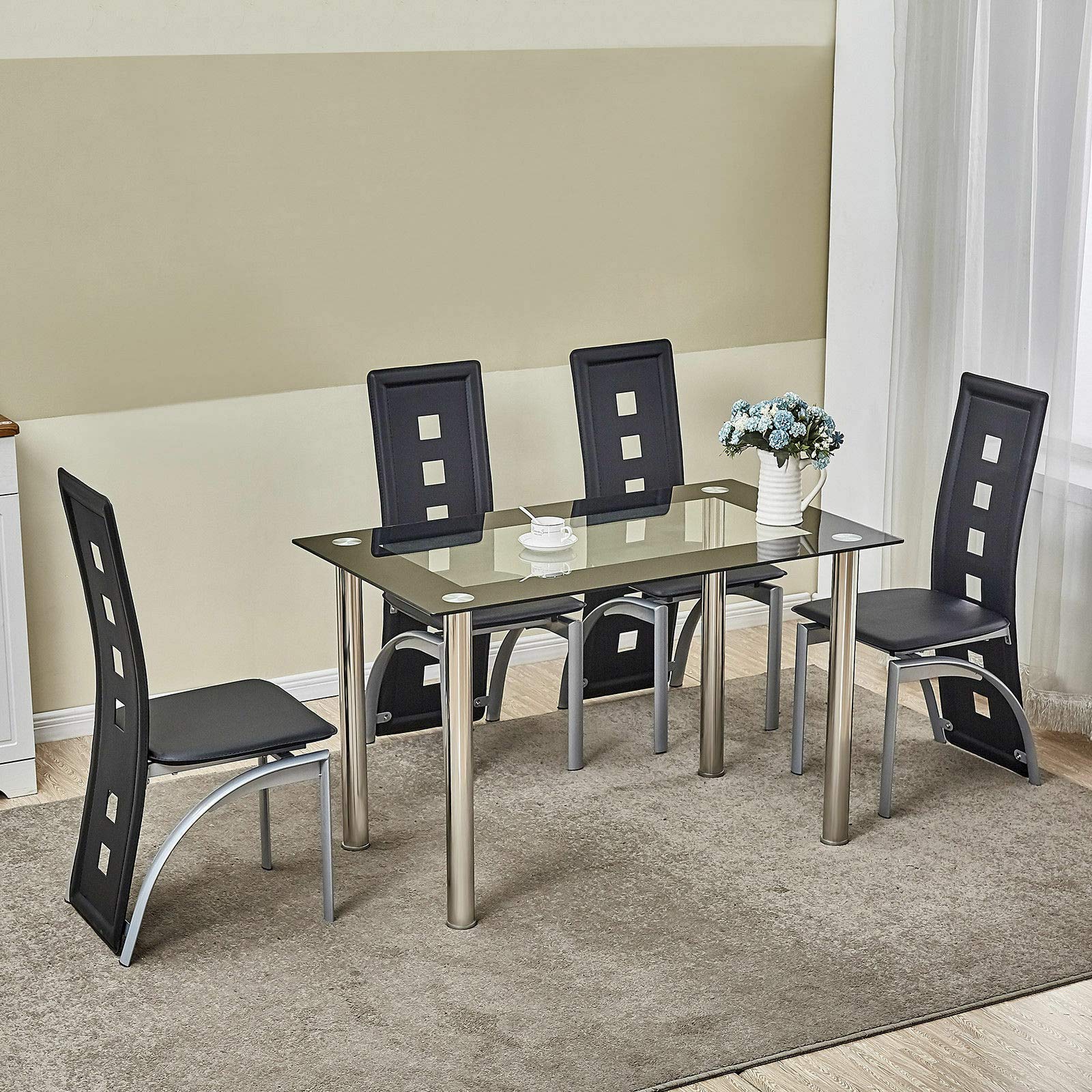 Manoch 5-Piece Tempered Glass Dining Table Set with 4 Chairs - 8mm Thick Glass & Stainless Steel Frame - Modern Kitchen Breakfast Room Furniture (43.3