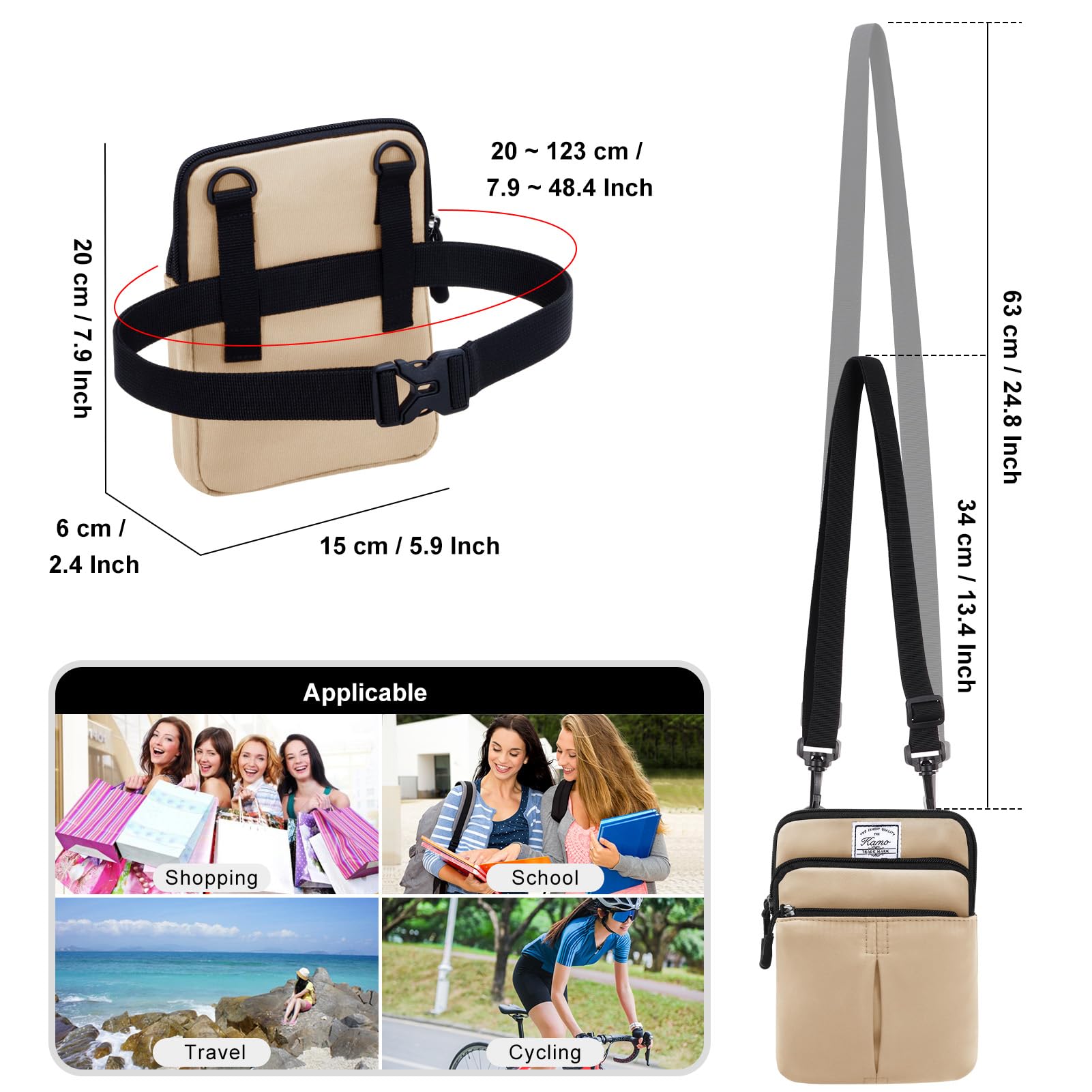 KAMO Multifunctional Crossbody Phone Bag for Women & Men - Waterproof Waist Pack with Triple Zipper, Adjustable Strap - Perfect for Outdoor, Travel, Gym & Daily Use