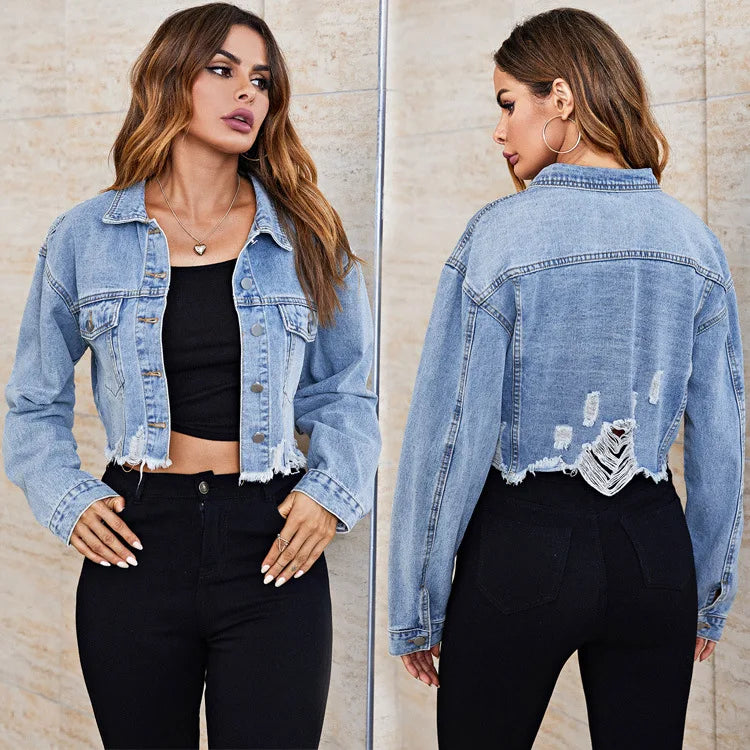 Trendy Distressed Denim Jacket for Women - Vintage Ripped Jeans Jacket with Holes - Casual Streetwear Outerwear for Spring & Fall Fashion | Perfect for Daily Wear, Parties, and Outdoor Activities