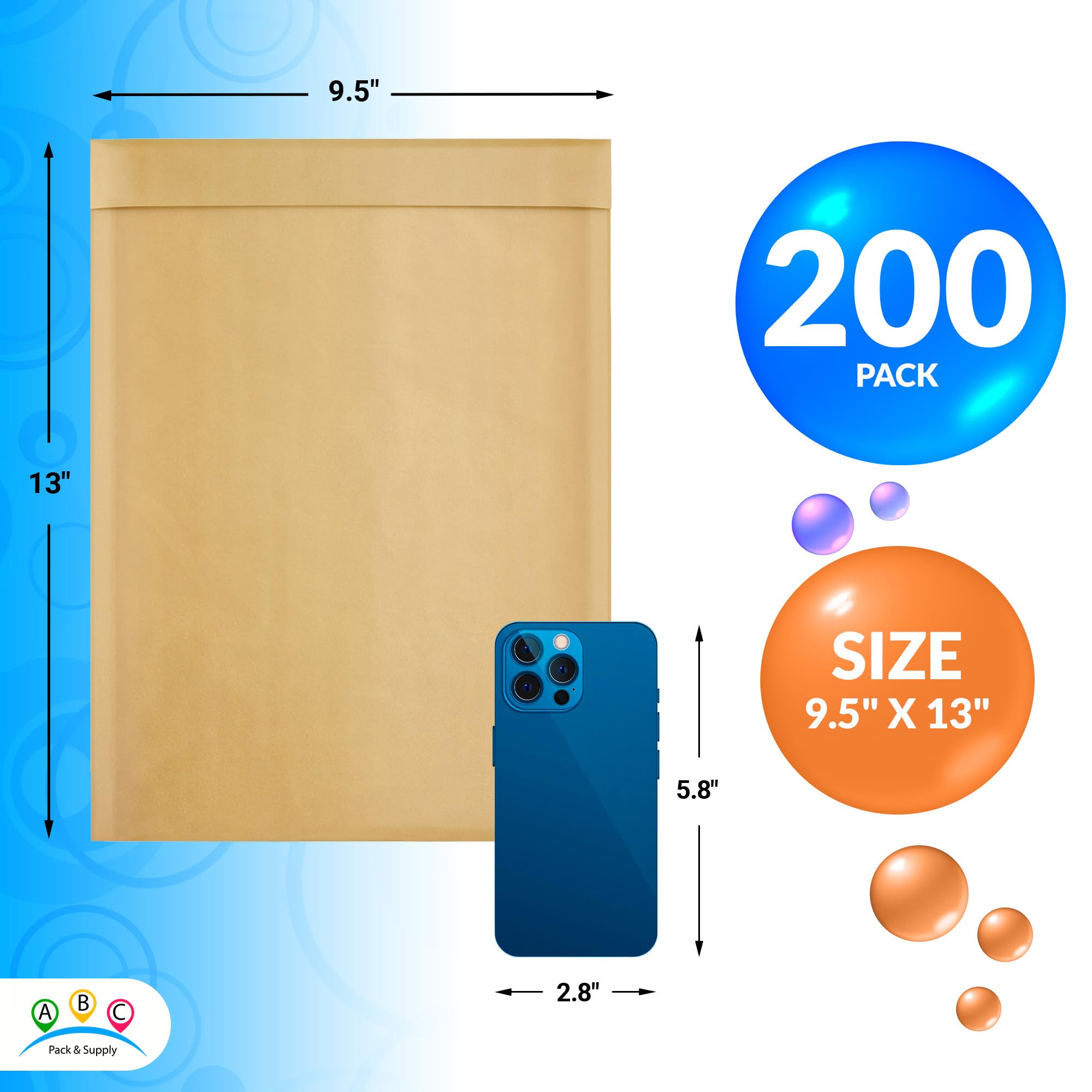 ABC Brown Kraft Bubble Mailer Envelopes 9.5x13 Inch - 200 Pack Padded Shipping Mailers, Water-Resistant Protective Packaging for Jewelry, Cosmetics, Small Business & Ecommerce Shipping - Perfect for Amazon, eBay, Etsy Sellers