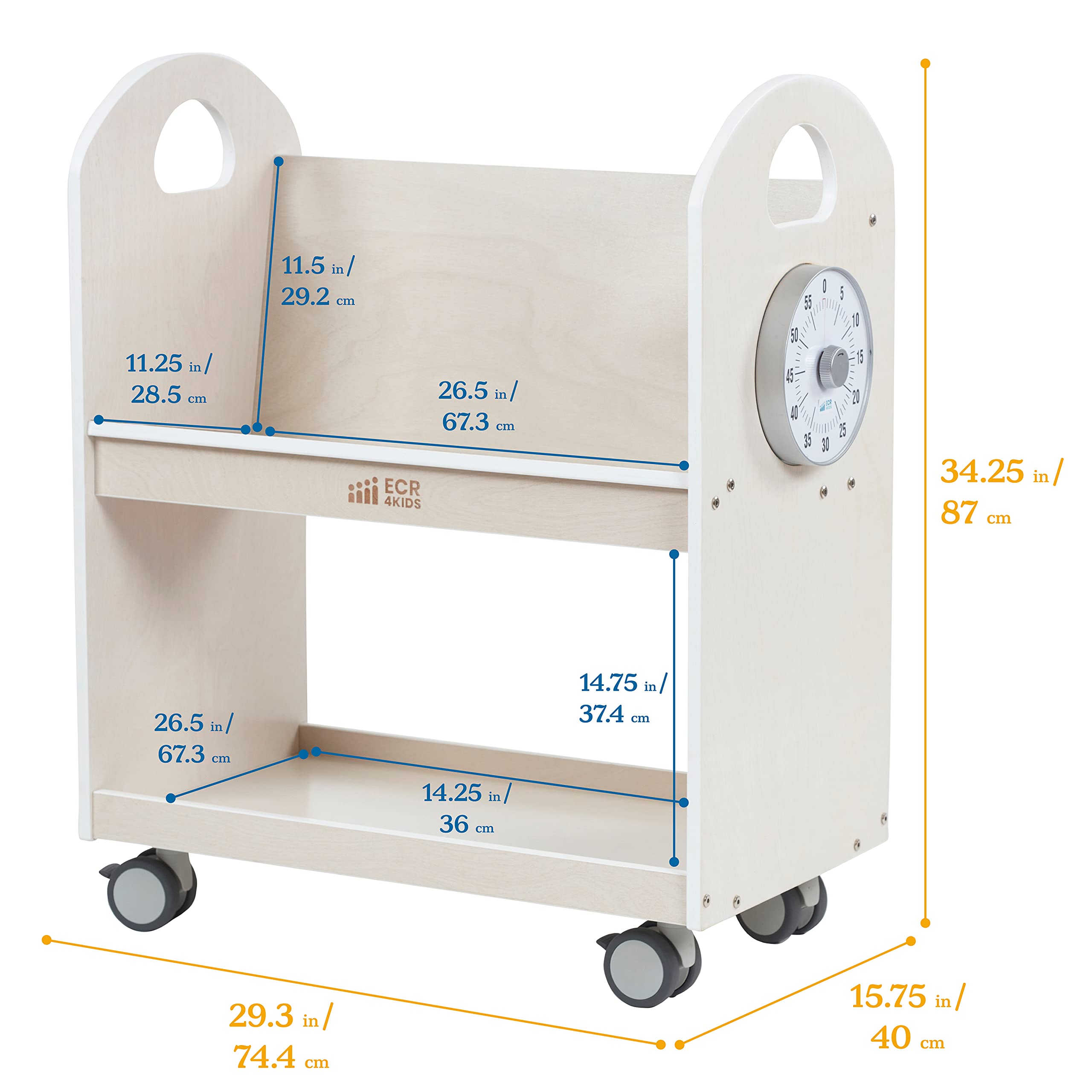 ECR4Kids Mobile Book Cart with Countdown Timer - Rolling Classroom Bookshelf Organizer for Teachers - White Wash Finish - Perfect for School Libraries, Preschools & Homeschooling