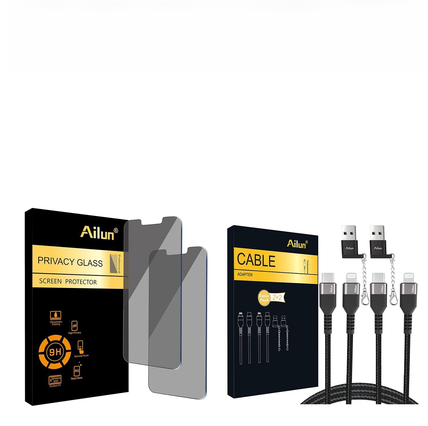 Ailun iPhone 14 Plus/iPhone 13 Pro Max 6.7 Inch Privacy Screen Protector 2 Pack & MFi Certified USB C to Lightning Cable 6ft 2 Pack - Anti-Spy Tempered Glass & Fast Charging Cord for Home, Office, Travel