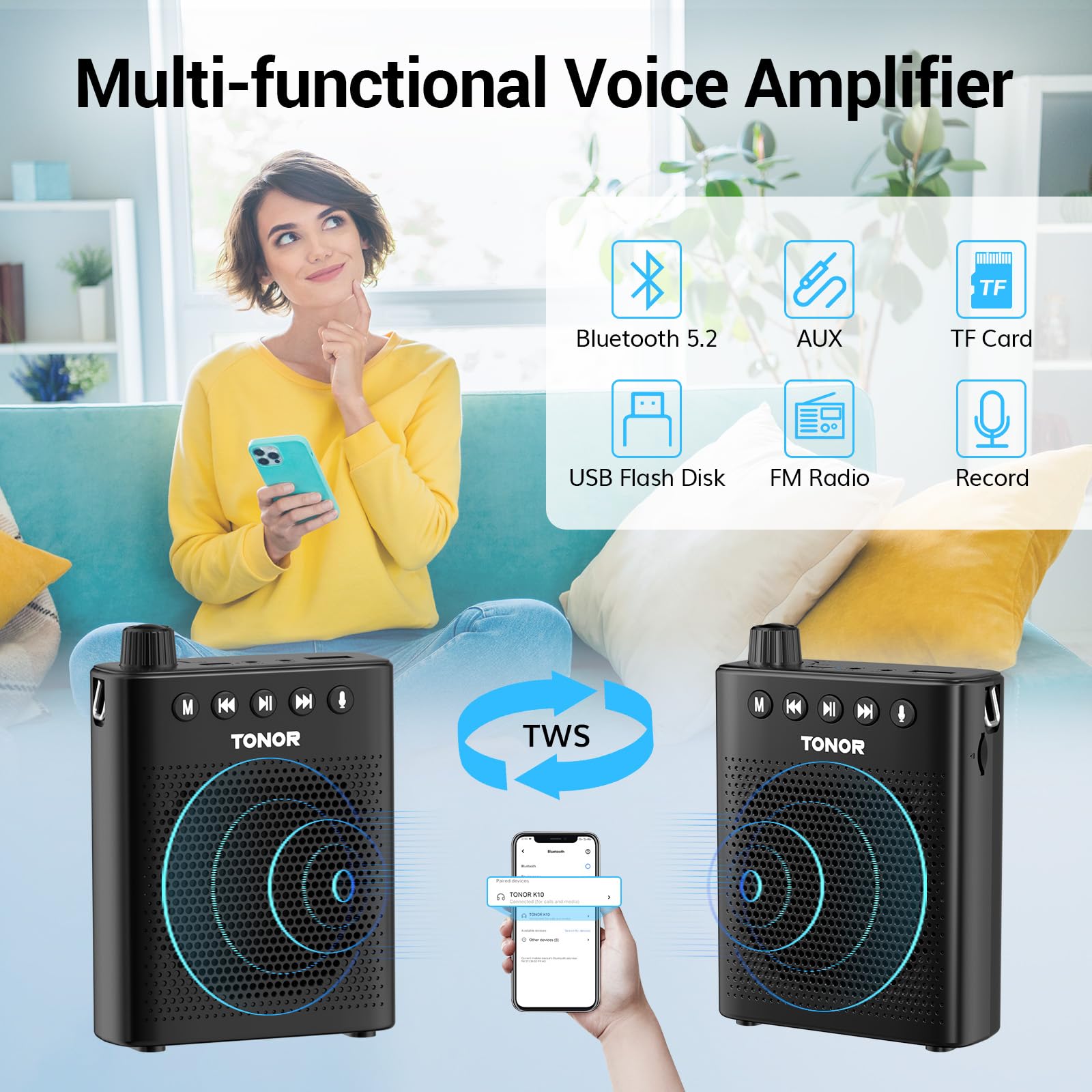 TONOR Portable Voice Amplifier with Wired Microphone - Rechargeable Mini PA System for Teachers, Tour Guides & Public Speaking | Ideal for Classroom, Yoga, Meetings & Outdoor Events (Model K10)