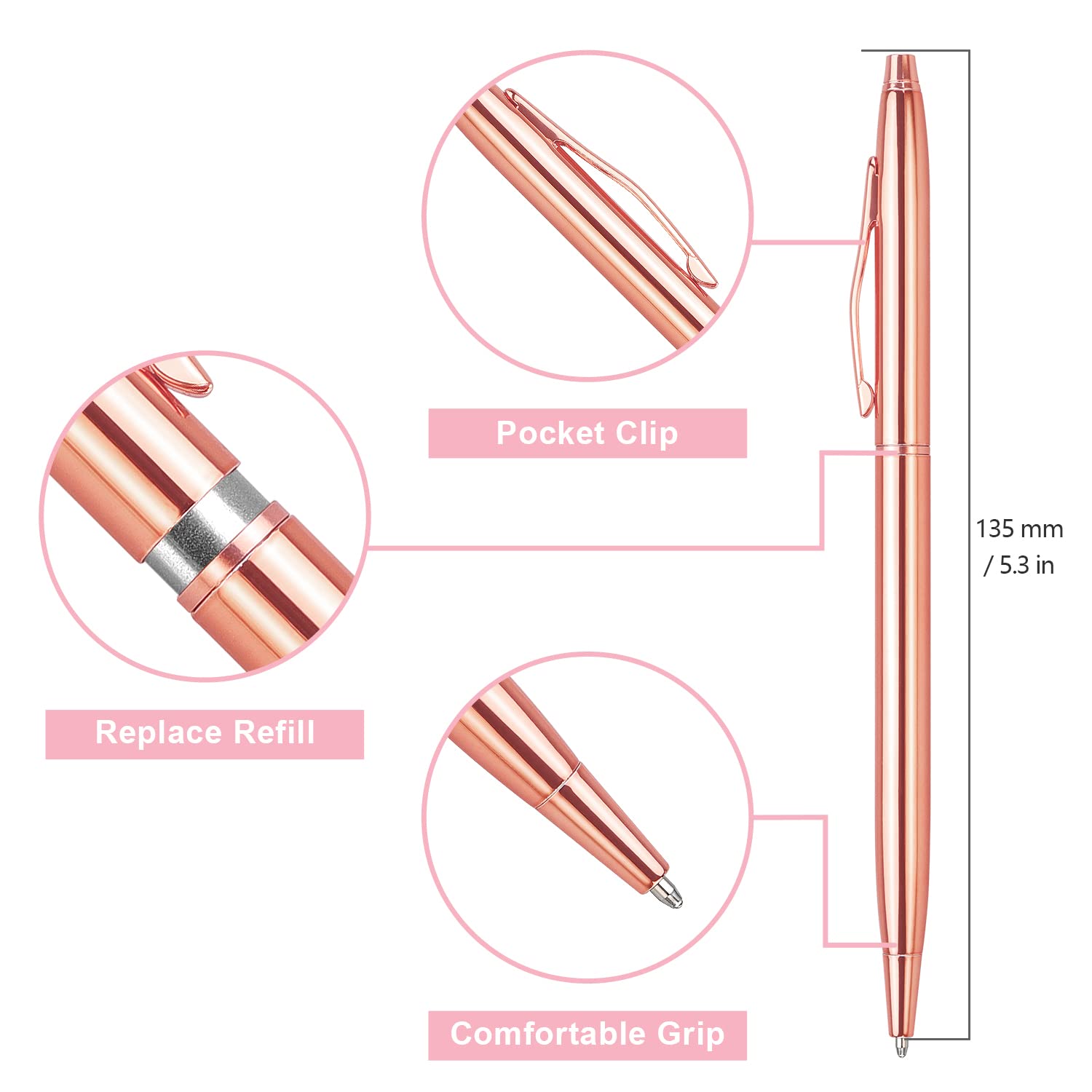 3 Pack Slim Gold Ballpoint Pens with 1mm Black Ink - Premium Writing Pens for Office, Business, School - Perfect Gift for Students, Teachers, Weddings & Christmas (Rose Gold) - Ideal for Note Taking, Journaling & Everyday Use