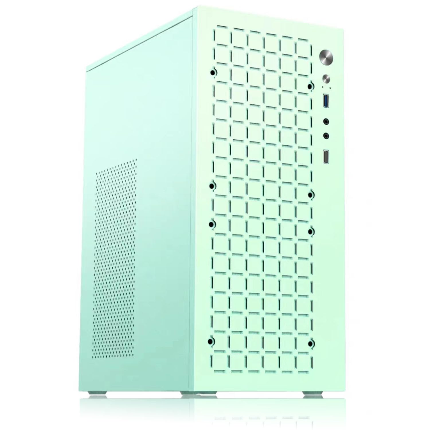High Airflow Micro ATX PC Case - Compact Mini-ITX & MATX Computer Chassis with 2X USB 2.0 & HD Audio Ports (Green, Fanless) | Perfect for Home Office, Gaming Rigs & Space-Saving Desktop Builds
