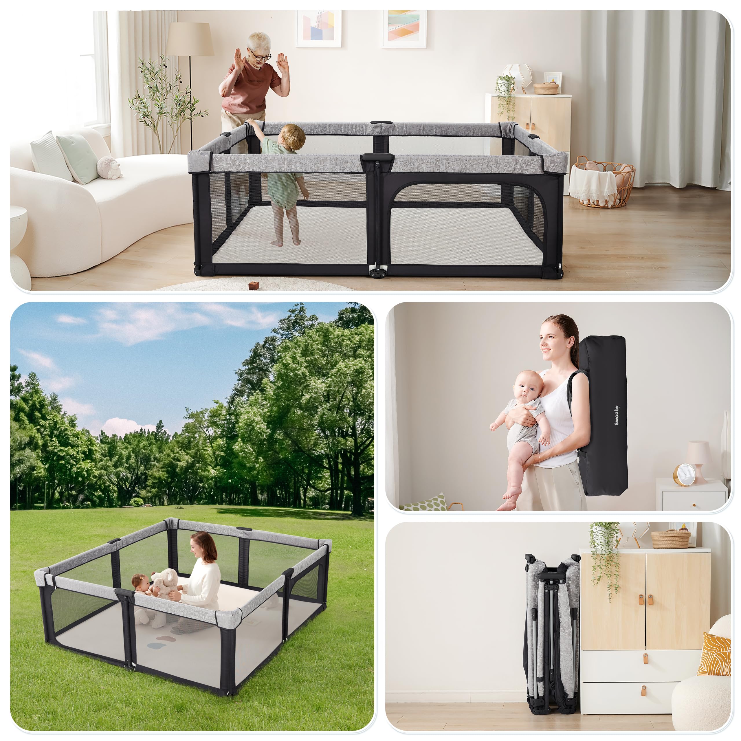 Sweeby Baby Playpen - 59x59 Inch Extra Large Play Yard with Door for Babies & Toddlers, Indoor & Outdoor Safety Fence for Playtime, Crawling & Learning - Black