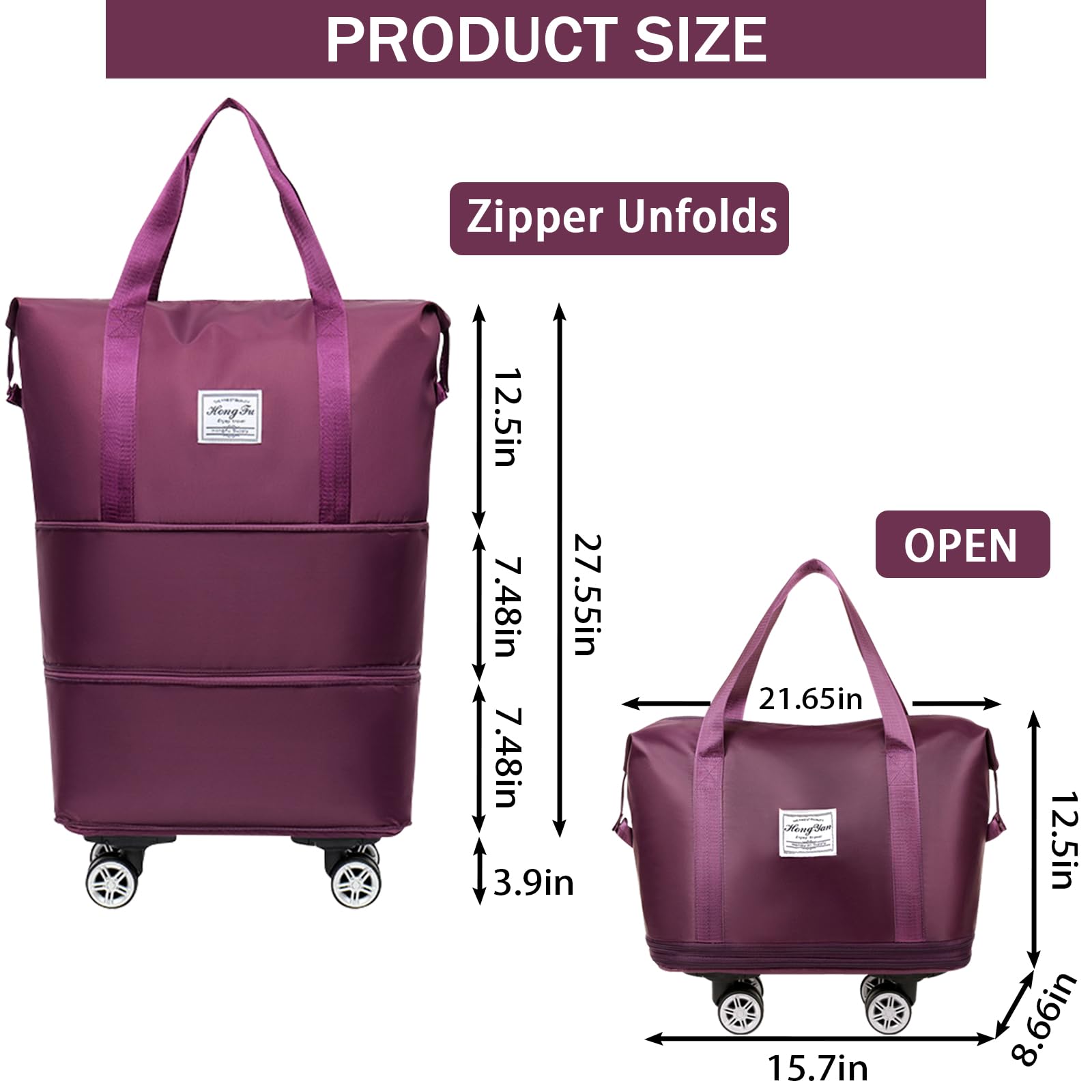 Expandable Rolling Duffle Bag with Detachable Wheels - Foldable Travel Luggage Carry-On for Weekend Trips & Gym (Fuchsia) - Perfect for Air Travel, Business Trips & Sports Equipment Storage