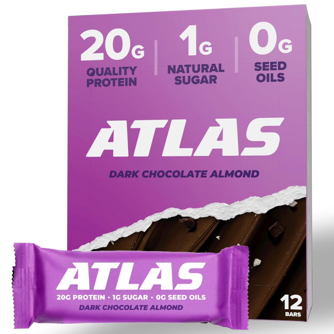 Atlas Protein Bar - High Protein Snack with 20g Protein, 1g Sugar, Gluten Free, Clean Ingredients - Dark Chocolate Almond Flavor (12 Count Pack) - Perfect for Post-Workout Recovery, Healthy On-the-Go Snacking & Weight Management