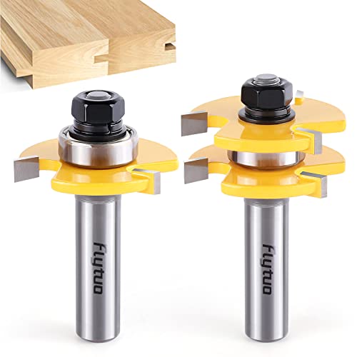 Flytuo 2PCS Tongue and Groove Router Bit Set - 1/2 Inch Shank, 3 Teeth Adjustable T-Shape Wood Milling Cutter for Woodworking, Doors, Drawers, Shelves & Cabinets - Perfect for DIY Projects, Furniture Making & Home Renovation