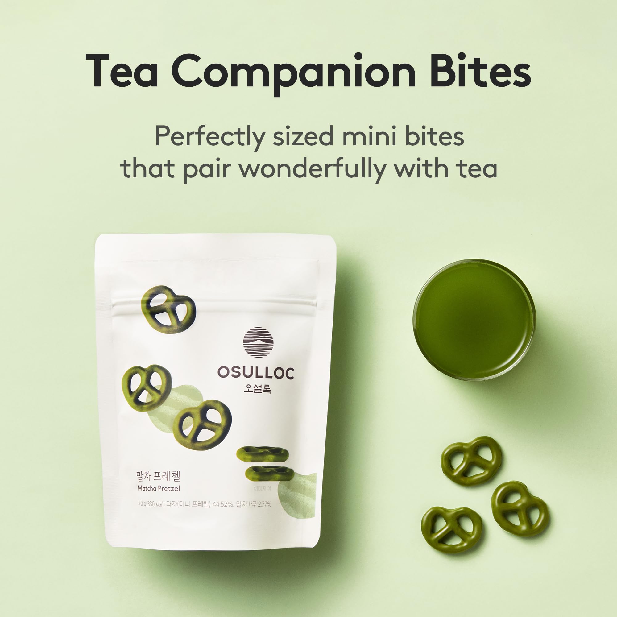 OSULLOC Matcha Pretzel Snacks (2.46 oz, 70g) - Premium Korean Green Tea Flavored Crackers from Jeju Island | Asian Tea Time Treats for Office, School & Home Snacking