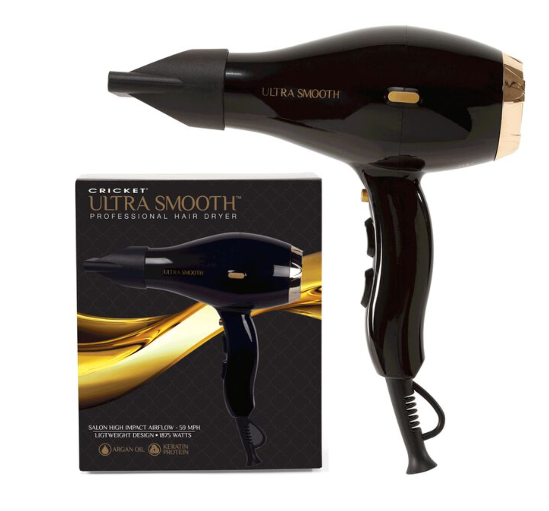 Cricket Ultrasmooth Pro Hair Dryer - Sleek Black, Infused with Argan Oil & Keratin for Frizz-Free Shine | Professional Blow Dryer for Salon-Quality Styling at Home