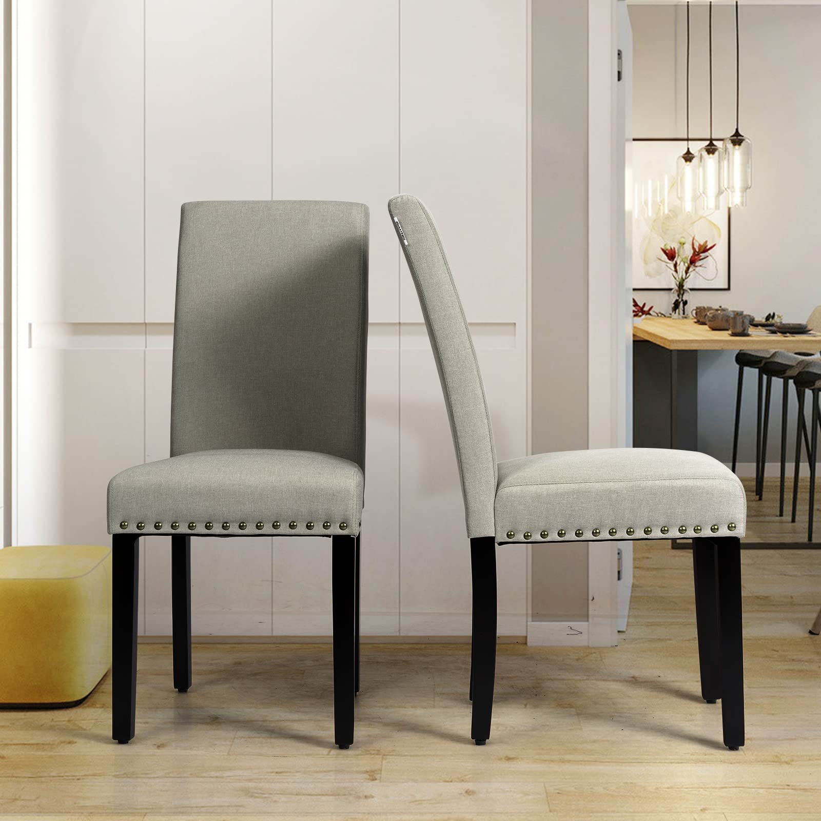 KOTEK Set of 2 Modern Upholstered Armless Dining Chairs with Rubber Wood Legs & Nailhead Trim - High Back Parsons Chairs for Kitchen, Dining Room, Living Room - Perfect for Small Spaces & Entertaining Guests (Beige)