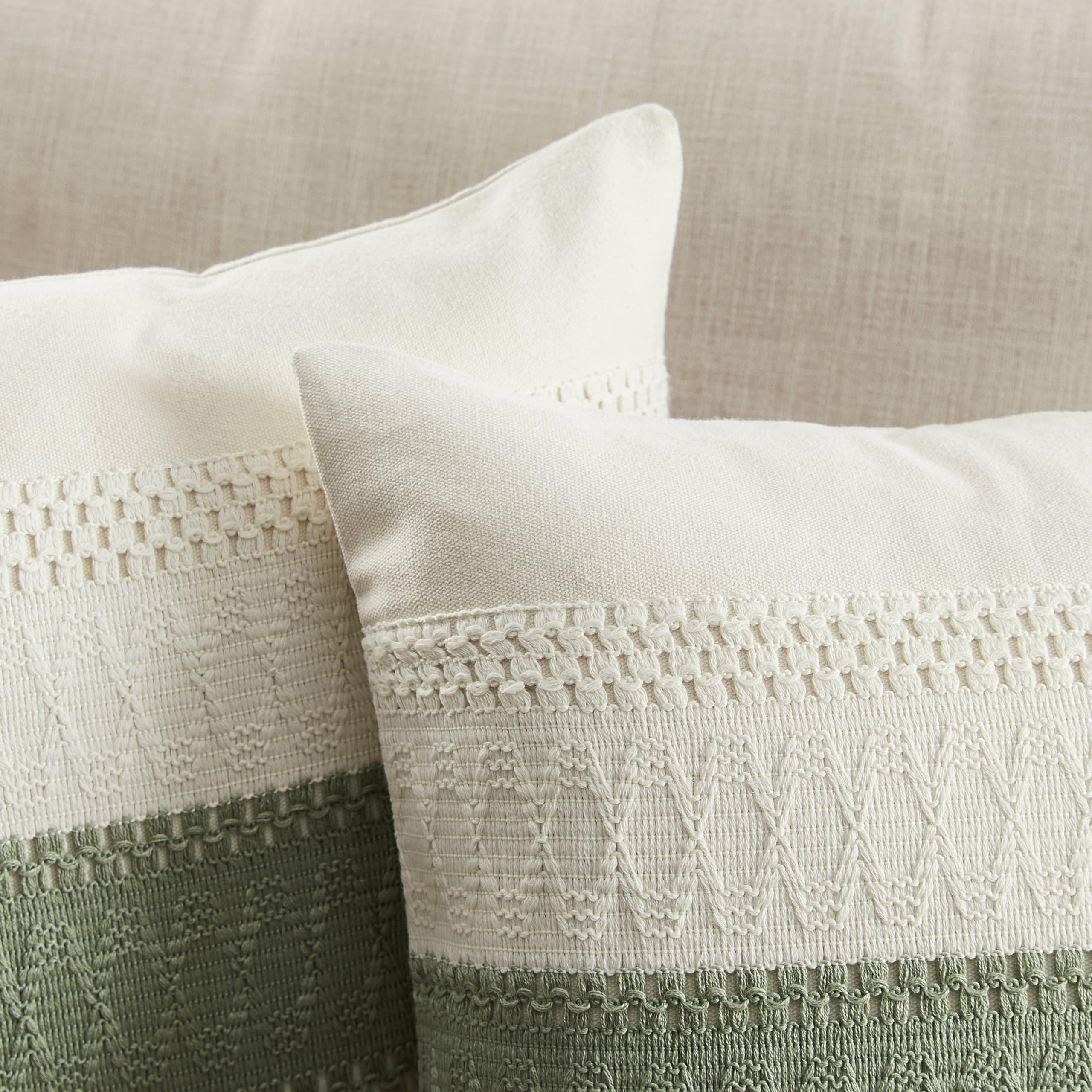 ZeeMart 2 Pack Cotton Boho Throw Pillow Covers 18x18 Inch - Sage Green & Contrast Green Farmhouse Decorative Cushion Covers for Sofa, Bed, Living Room - Soft & Stylish Home Decor for Cozy Boho Chic Interiors