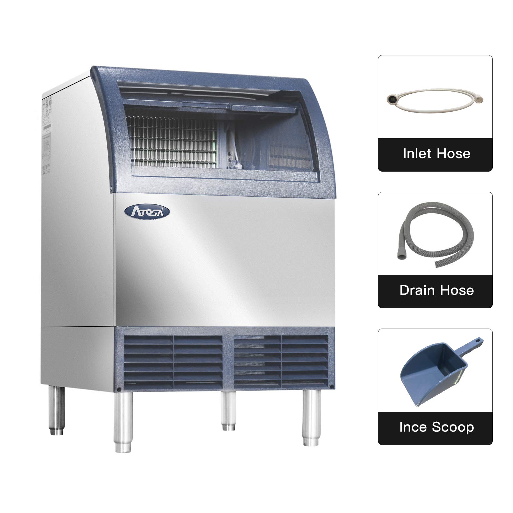 Atosa Commercial Ice Maker Machine with Bin - 142lbs/24h Stainless Steel Automatic Ice Maker for Restaurants, Bars, Cafes & Catering Services - Perfect for High-Volume Ice Production in Food Service Businesses