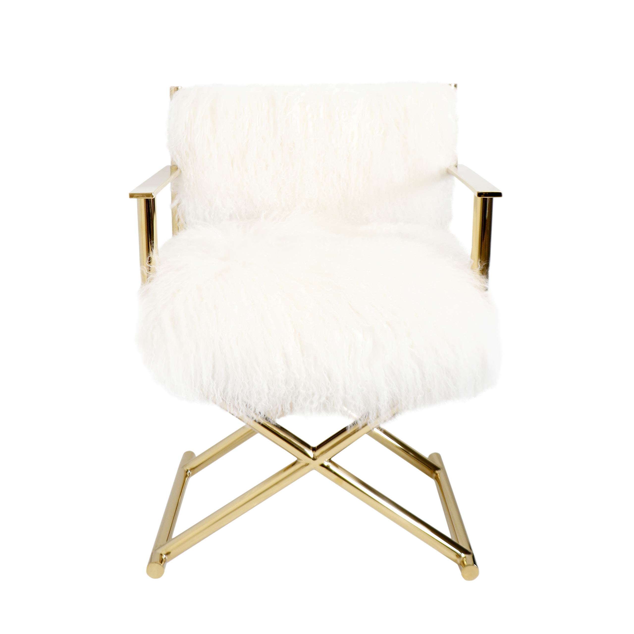 Pasargad Home Paris Love Collection Mongolian Fur Director's Chair with Gold Legs in Ivory - Luxurious Accent Chair for Living Room, Bedroom, or Office Decor