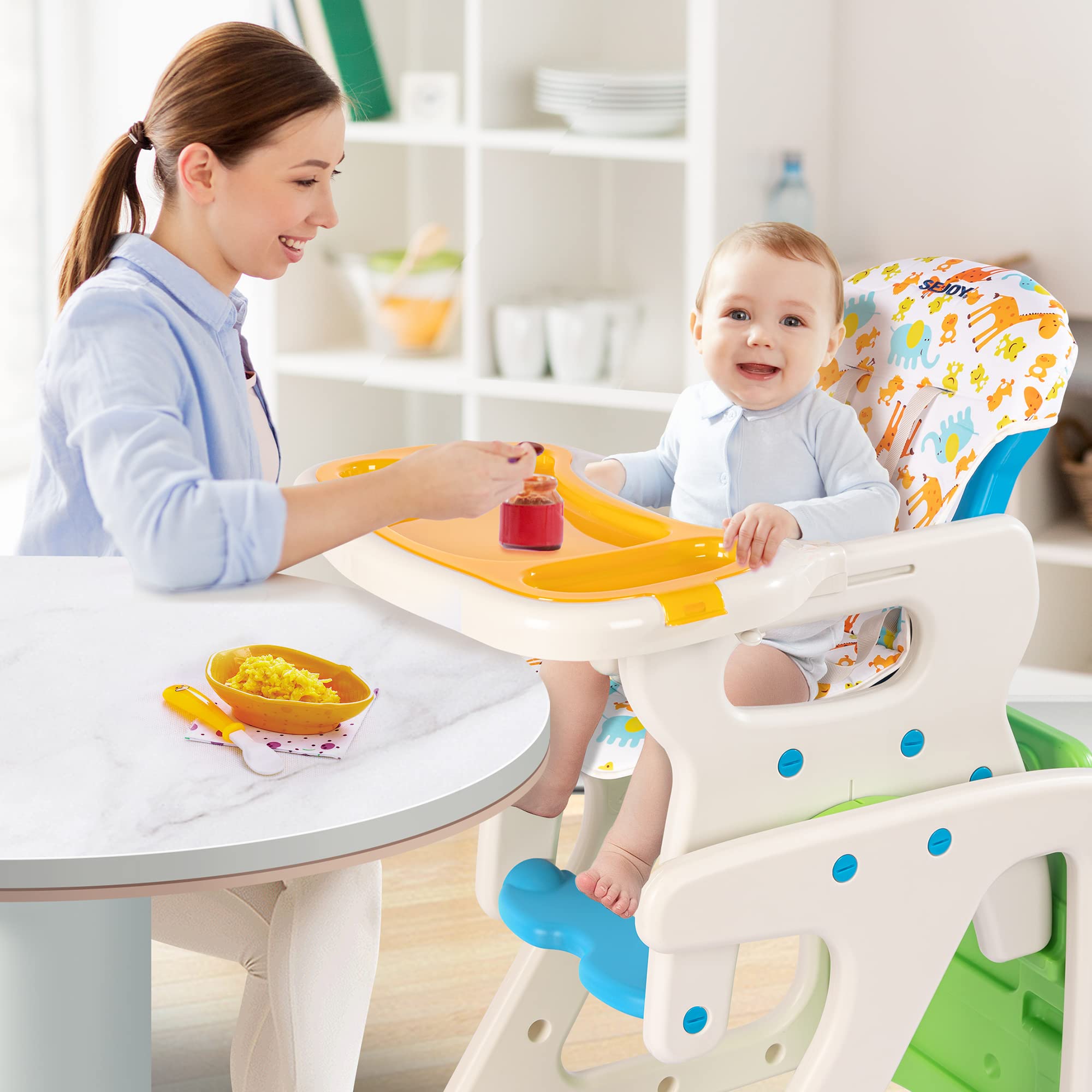 Adjustable Baby High Chair with Detachable Cushion & Double Removable Trays - Safe Toddler Feeding Seat for Infants 6-36 Months - Easy Clean Green Highchair for Home, Restaurant & Daycare Use
