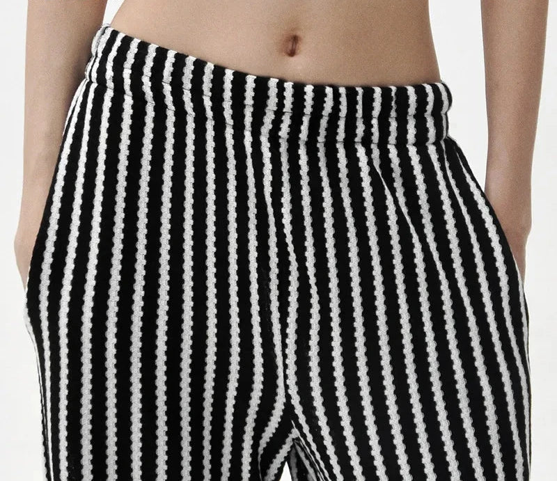 Black and White Striped Elastic Waist Wide Leg Pants for Women - 2024 Fall Casual Trousers with Comfort Fit (P67 BF40) - Perfect for Office Wear, Weekend Outings & Travel