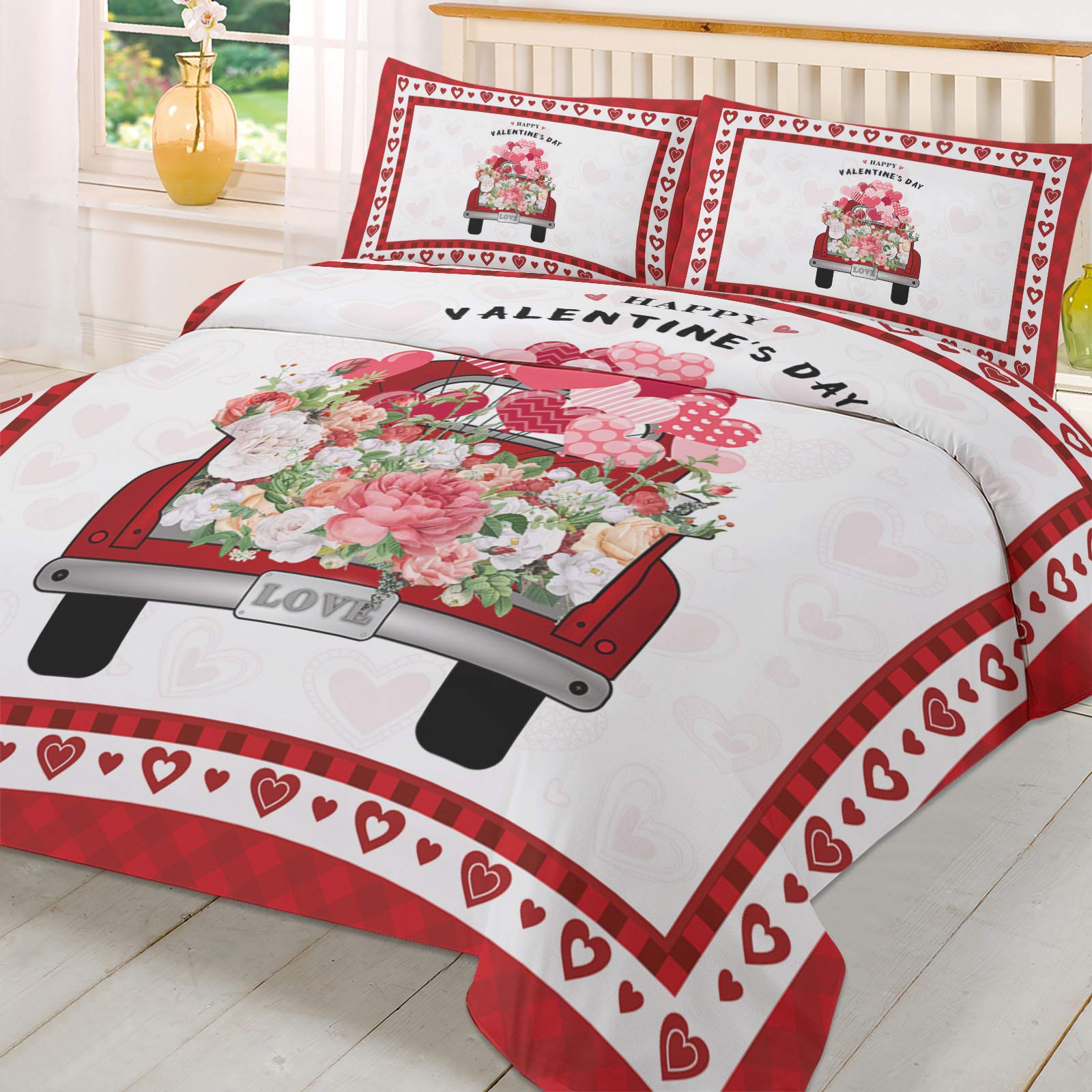All-Season Washed Microfiber Quilt Cover Set - 3 Piece Luxury Bedding with Soft, Relaxed Feel & Easy Care - Red Buffalo Plaid with Valentine's Day Love Truck, Flowers & Hearts Design - Perfect for Master Bedroom, Guest Room & Cozy Home Decor