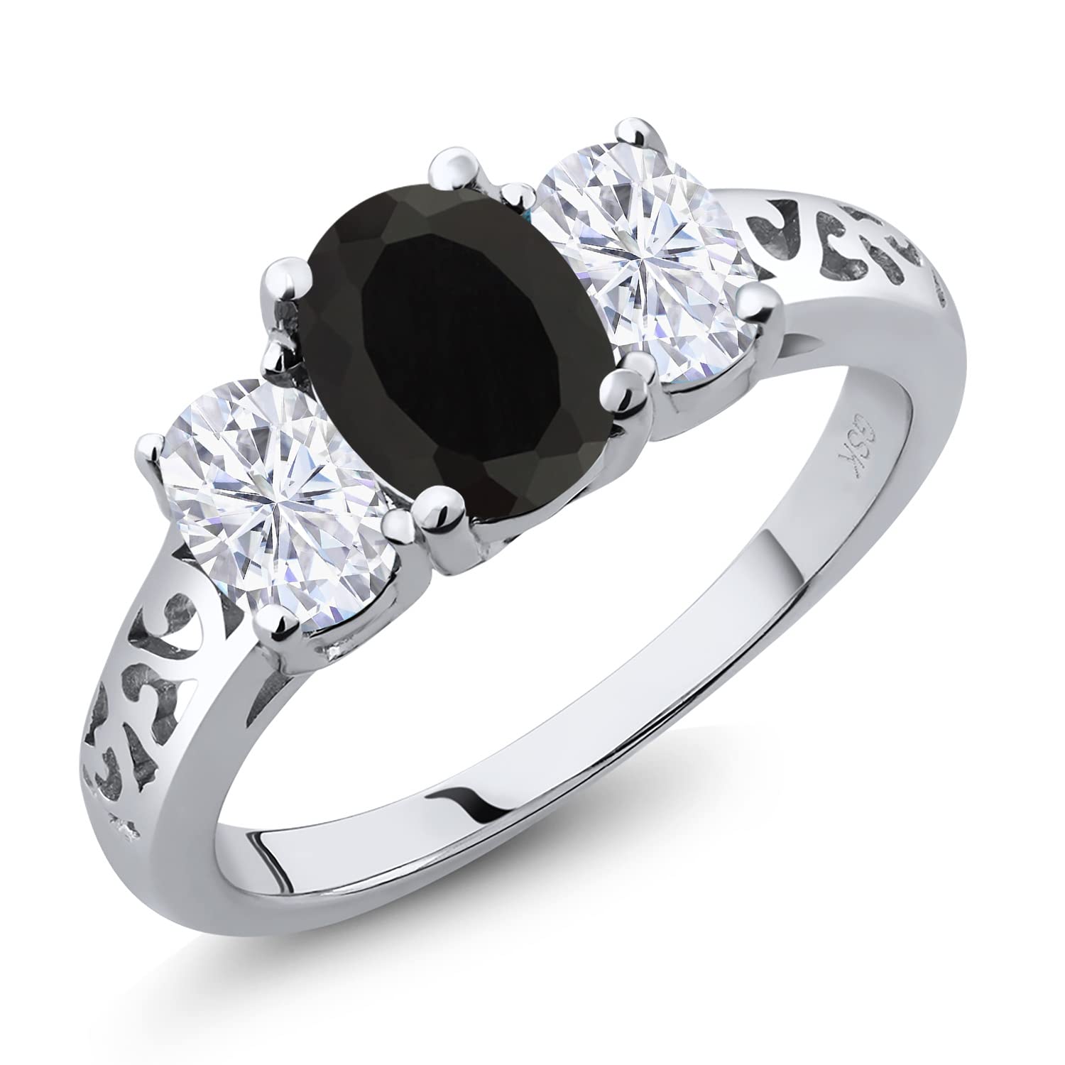 925 Sterling Silver 3-Stone Ring with Oval Black Onyx & Created Moissanite (2.60 Cttw, GH Color) - Elegant Jewelry for Engagement, Wedding & Special Occasions