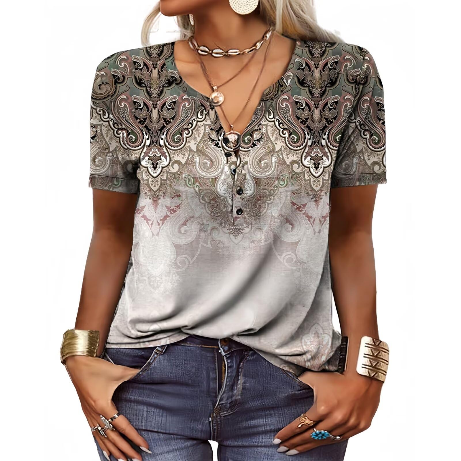 2024 Trendy Boho Summer Tops for Women - Floral Print V Neck Short Sleeve Blouse, Plus Size Button Up Shirts | Perfect for Beach Vacations, Music Festivals & Casual Outings