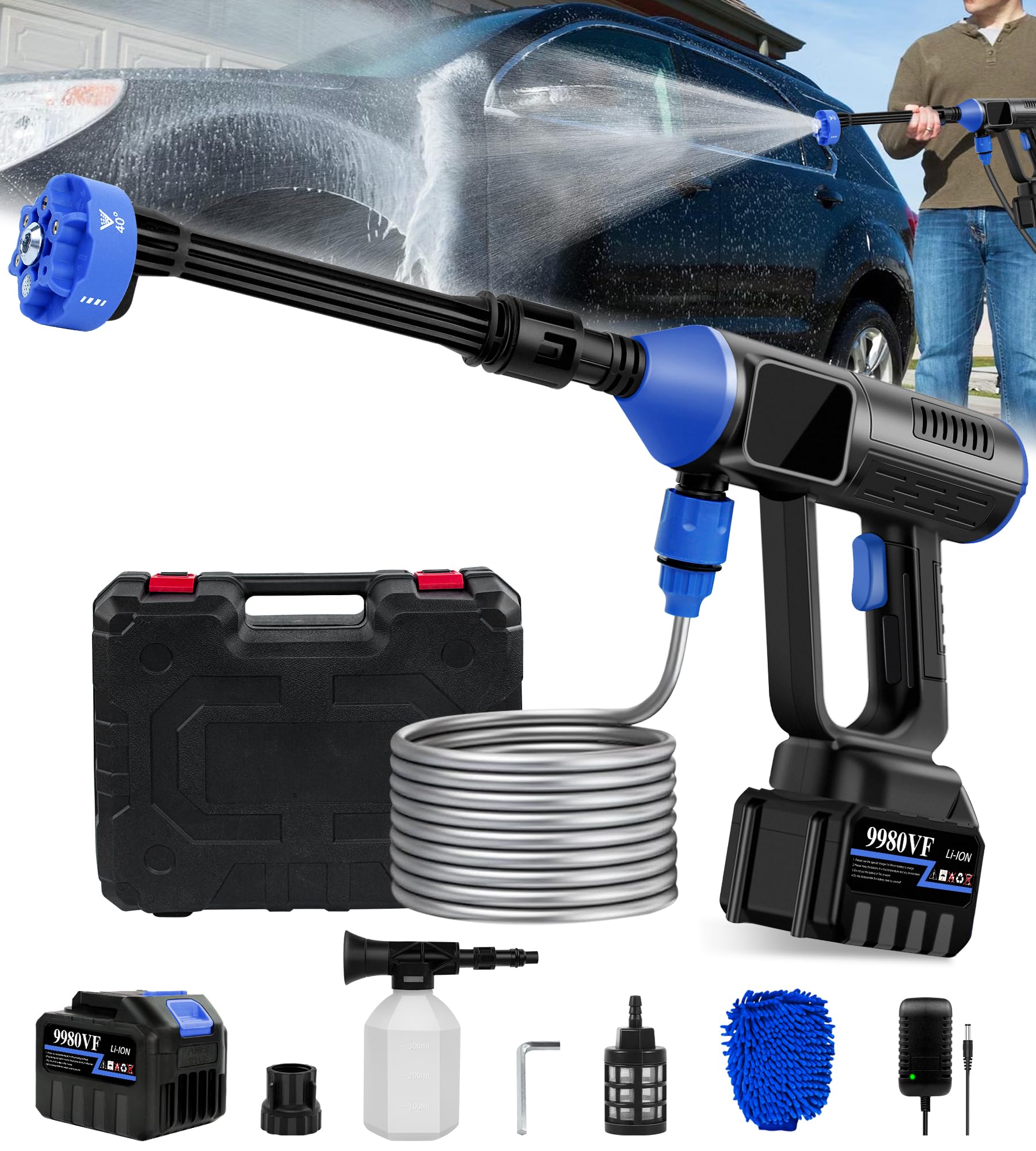 900PSI Cordless Pressure Washer - 15000mAh Battery Powered Portable Power Washer with 6-in-1 Adjustable Nozzle - High Pressure Washer Gun for Car Washing, Fence Cleaning, Deck Maintenance, Driveway & Patio Cleaning - Ideal for Outdoor Home & Vehicle Cleaning Tasks