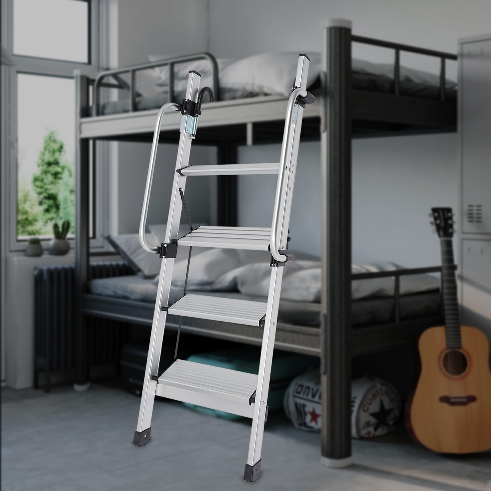 4-Step Aluminum RV Bunk Bed Ladder with Adjustable Handrail & Non-Slip Rubber Feet - Heavy Duty Loft Ladder for Campers, Trailers, Tiny Homes & Kids Bunk Beds (Silver)
