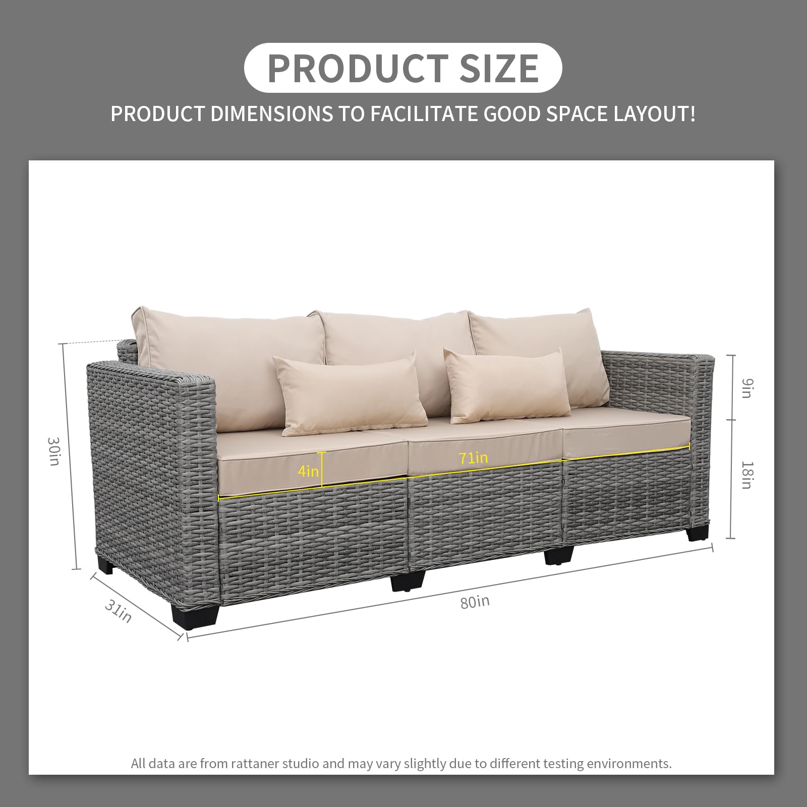Rattaner 3-Seat Patio Sofa Set - Grey Wicker Outdoor Couch with Deep Seat & High Backrest, Waterproof Cover & Anti-Slip Khaki Cushions - Perfect for Garden, Poolside, and Backyard Relaxation