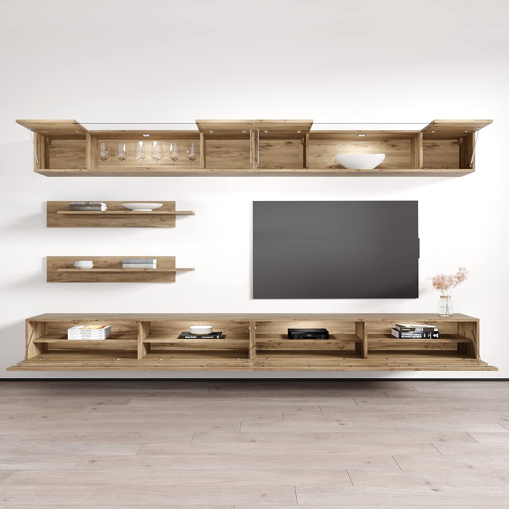 Modern Floating TV Stand with Storage & LED Lights - Wall-Mounted Entertainment Center for Bedroom & Living Room - Oak Wood TV Console with Shelves - Perfect for Small Spaces & Home Theater Setup