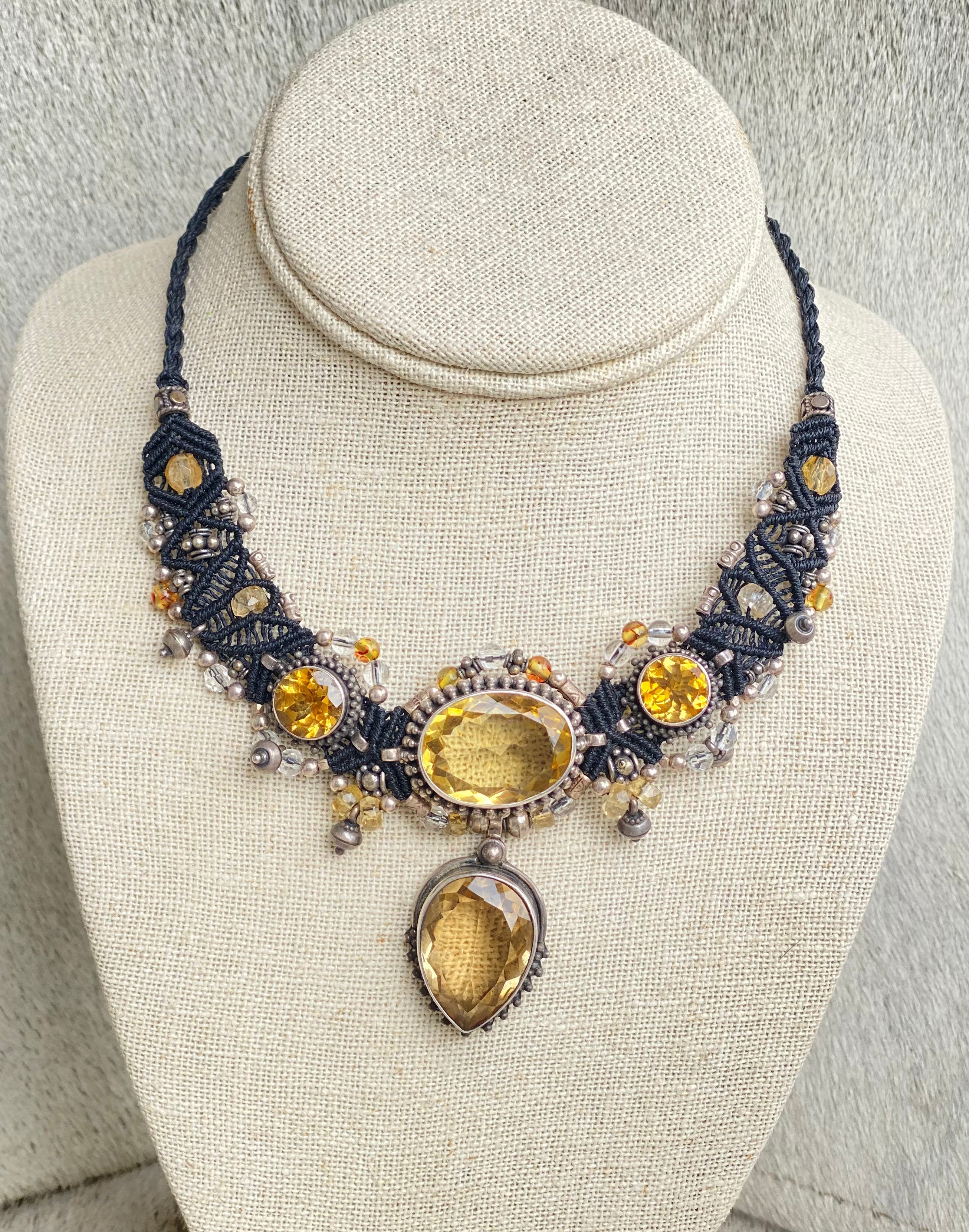 Natural Citrine Macramé Choker Necklace - Handmade Black Beaded Bohemian Jewelry for Women - Perfect for Festivals, Yoga, and Boho Fashion