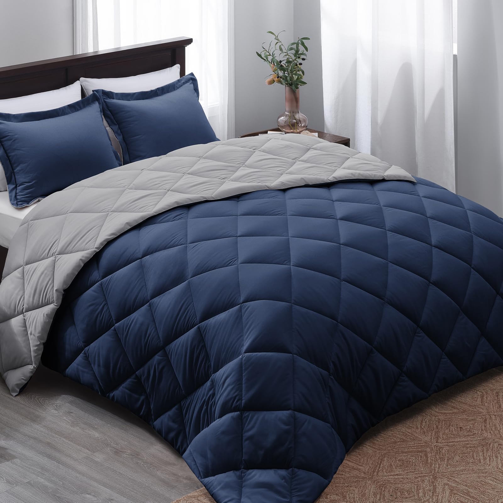 Basic Beyond Queen Comforter Set - Navy Blue & Grey Reversible All-Season Bedding, 88