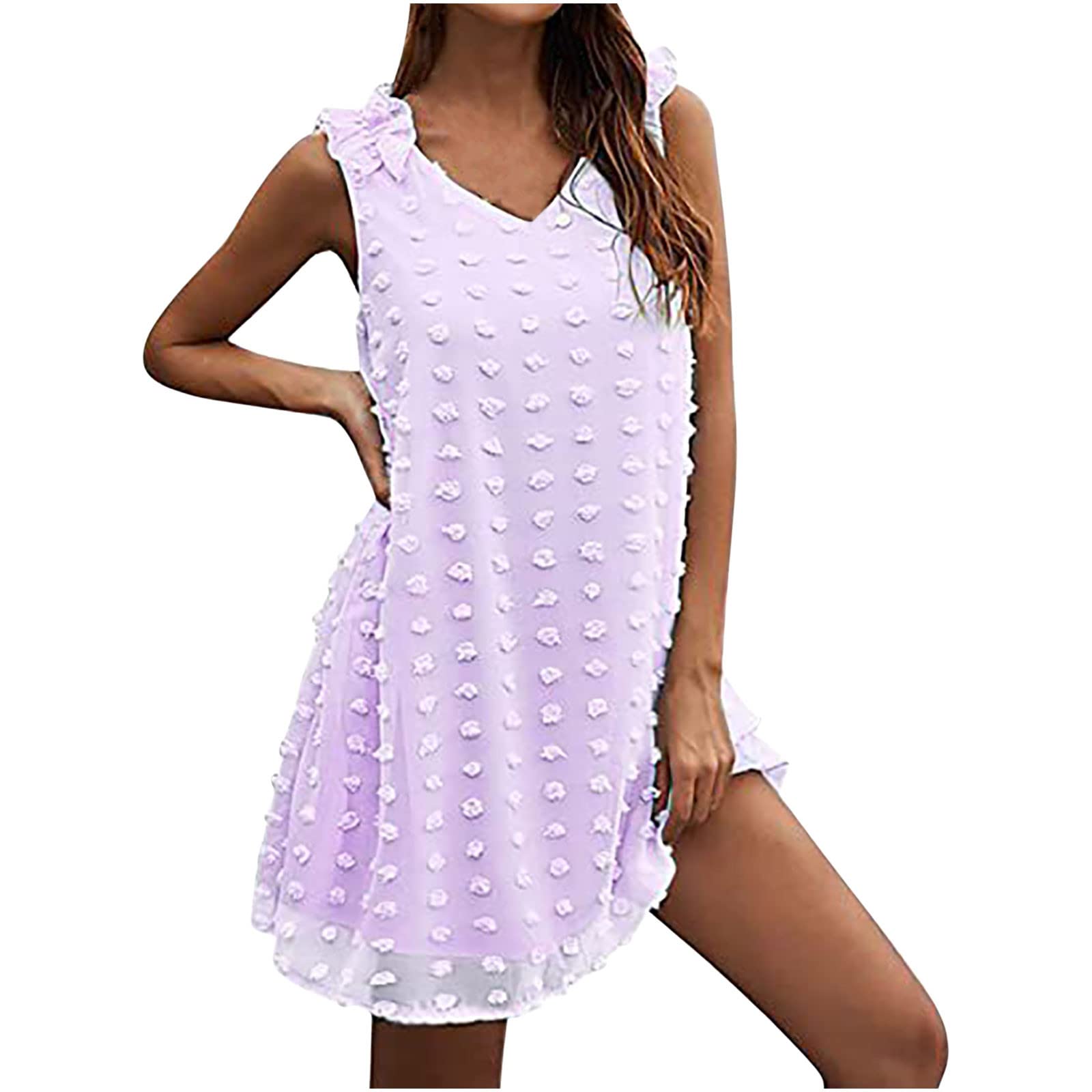 Sweet Cute V-Neck Sleeveless Swiss Dot Babydoll Dress for Women - Flirty Ruffle Mini Swing Dress for Casual Summer Outings, Date Nights & Beach Vacations