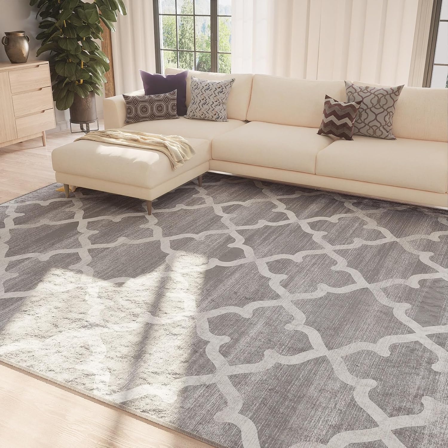 Marran Custom Moroccan Trellis Print Washable Area Rug - Grey & Multi-Color Runner for Living Room, Bedroom & Hallway Decor