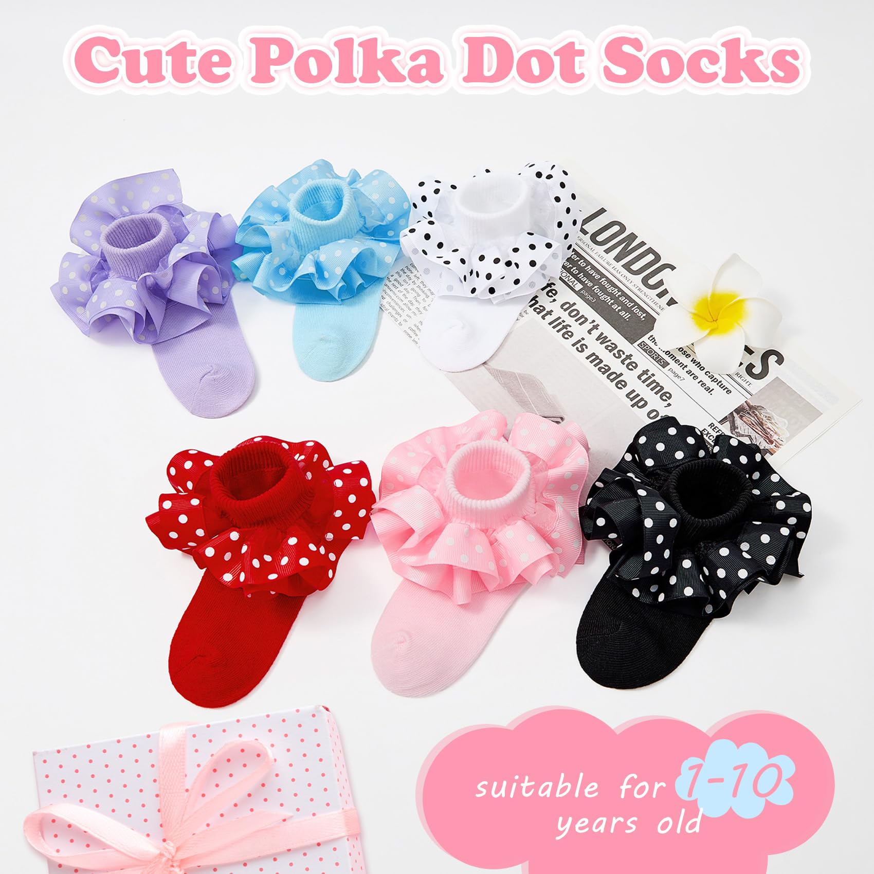 Durio Girls' Ruffle Socks - Lace Polka Dot Frilly Ankle Socks for Toddlers & Babies | Cute Dress Socks for Parties, Holidays & Special Occasions