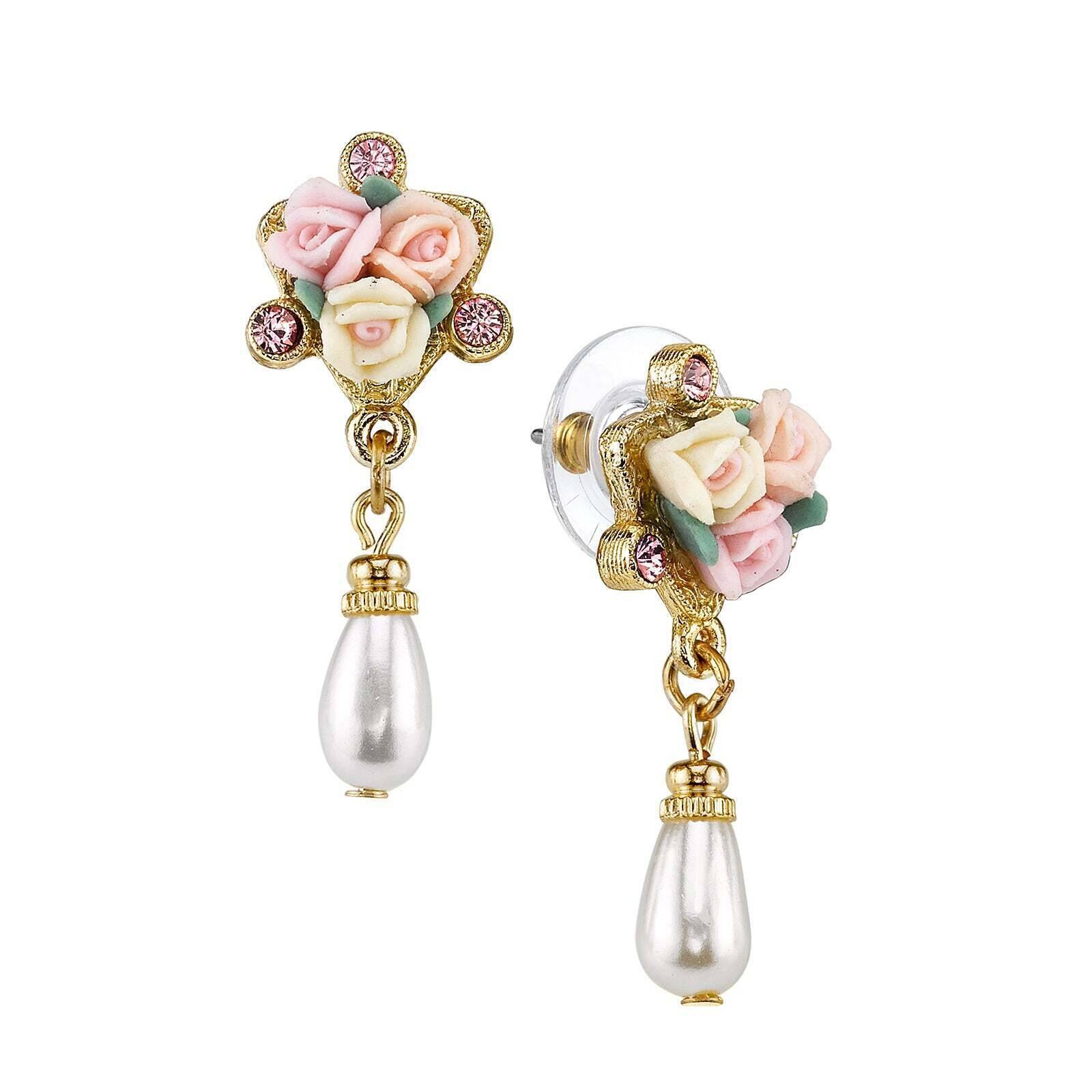 1928 Bridal Multi-Color Porcelain Rose Pink Crystal Faux Pearl Drop Post Earrings for Women - Elegant Wedding, Prom, Party & Special Occasion Jewelry Gift