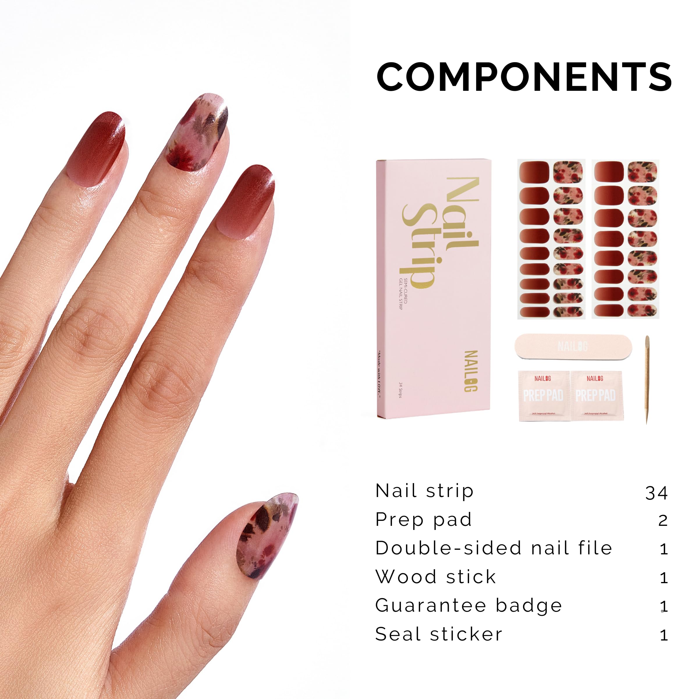NAILOG 34 Pcs Semi Cured Gel Nail Strips Kit - Long Lasting Nail Wraps with Glossy Finish in Reddish Brown & Wildflowers | Includes UV Light (Buy 2 Get 1 Free) | Perfect for Salon Quality Manicures at Home, Parties & Special Occasions